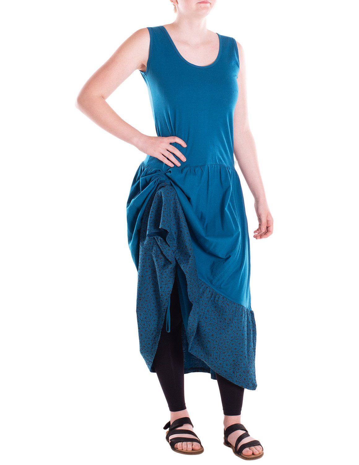 Vishes Jerseykleid Langes handbedrucktes verstellbares Lagenlook Baumwollkleid Alternative Bekleidung, Ethno, Hippie, Retro Style