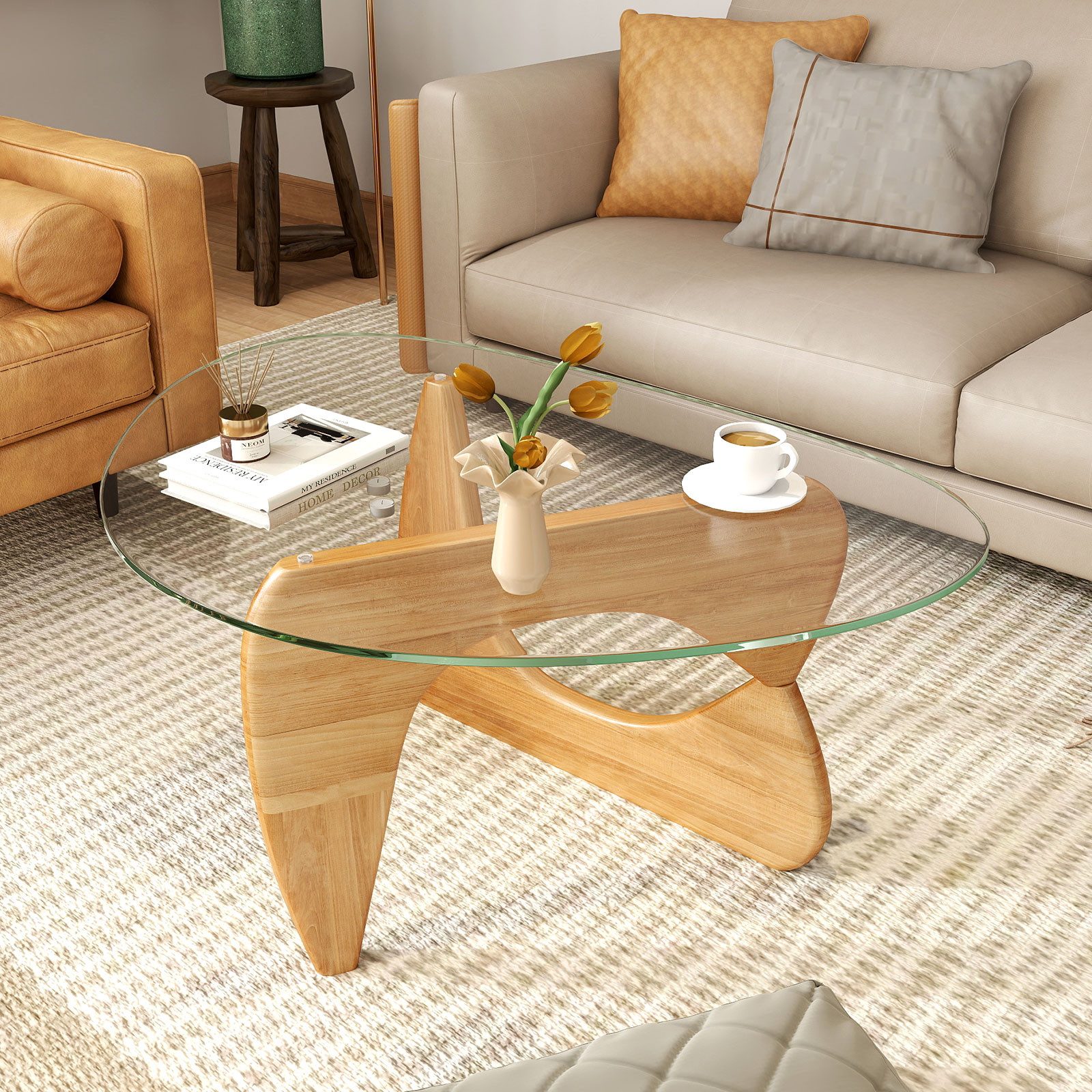 COSTWAY Couchtisch, Glastisch mit verstellbarem Gummibaum-Ständer günstig online kaufen
