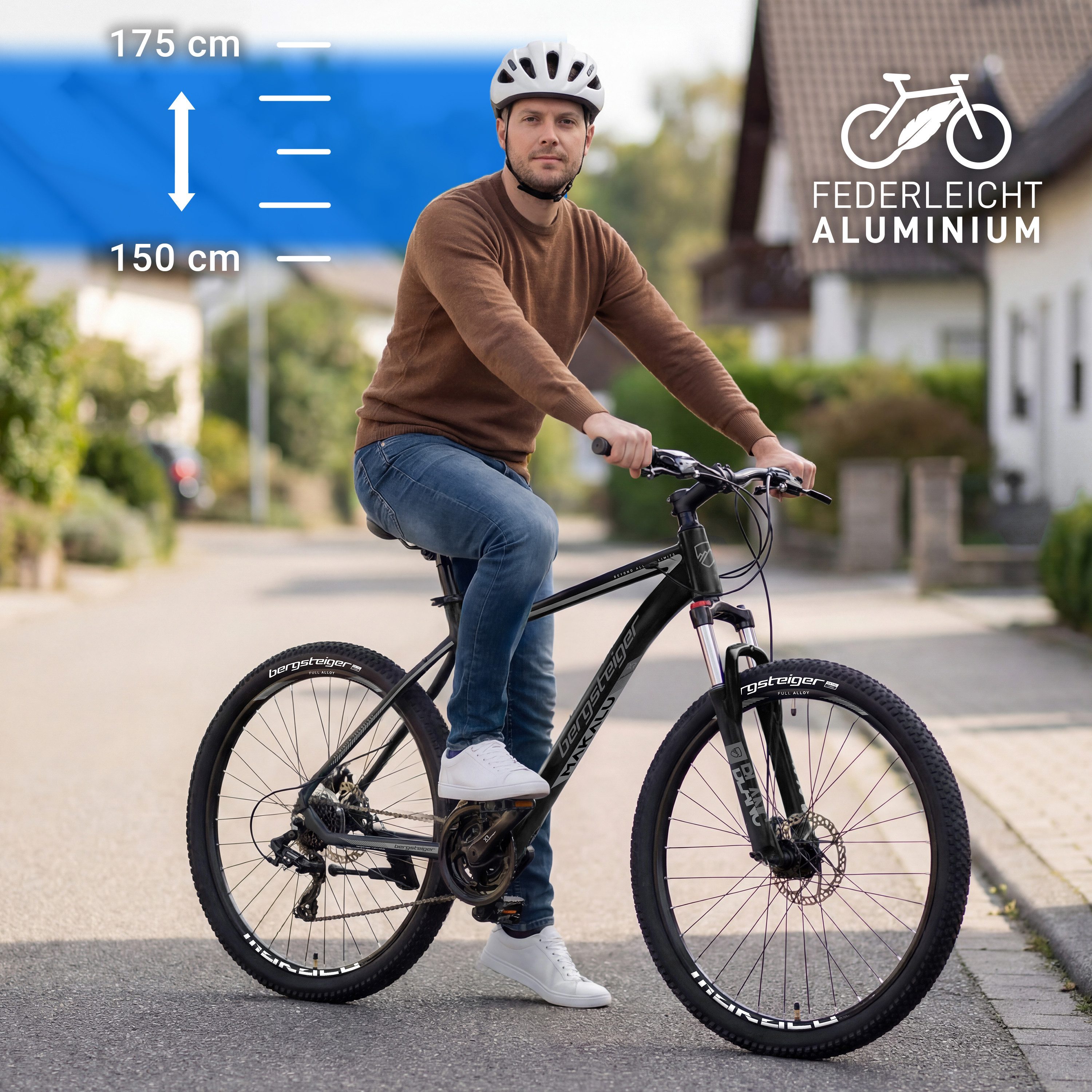bergsteiger Mountainbike Makalu 26, 29 Zoll Mountainbike Alu, geeignet ab 150 cm, Damen, Herren, 21 Gang Shimano Tourney RD-TY300 Schaltwerk, Kettenschaltung, Scheibenbremsen