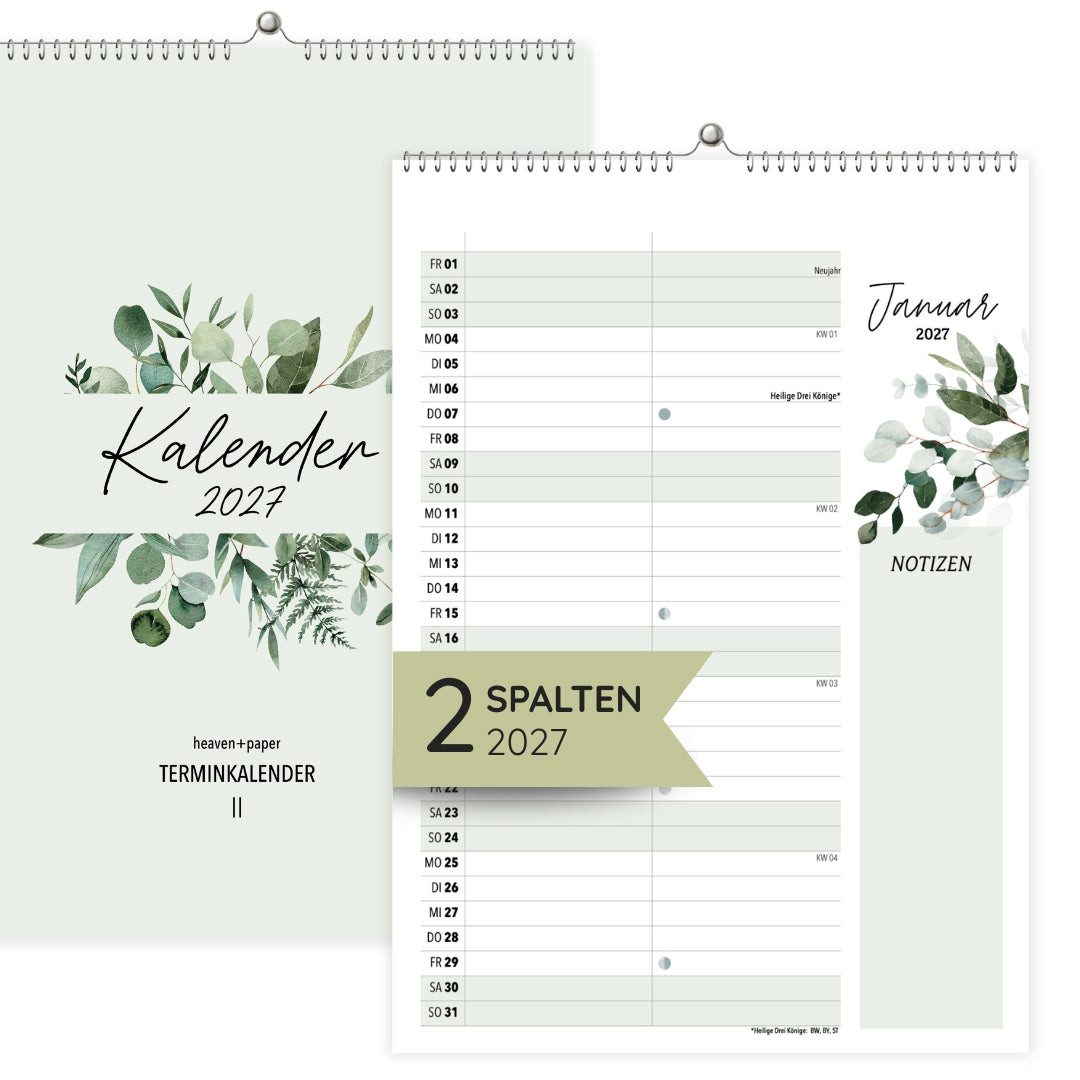 heaven+paper Jahresplaner A4 Wandkalender 2 Spalten Green 2027, hochwertig & modern, Hergestellt in Deutschland