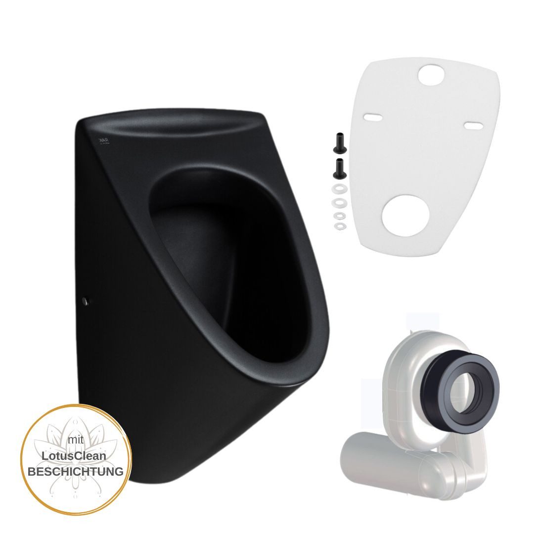 HGMBAD Urinal Urinal Onyx schwarz matt Zulauf von hinten Siphon, Keramik, Wasserspülung, Abgang hinten, (Komplettset, LotusClean-Beschichtung)