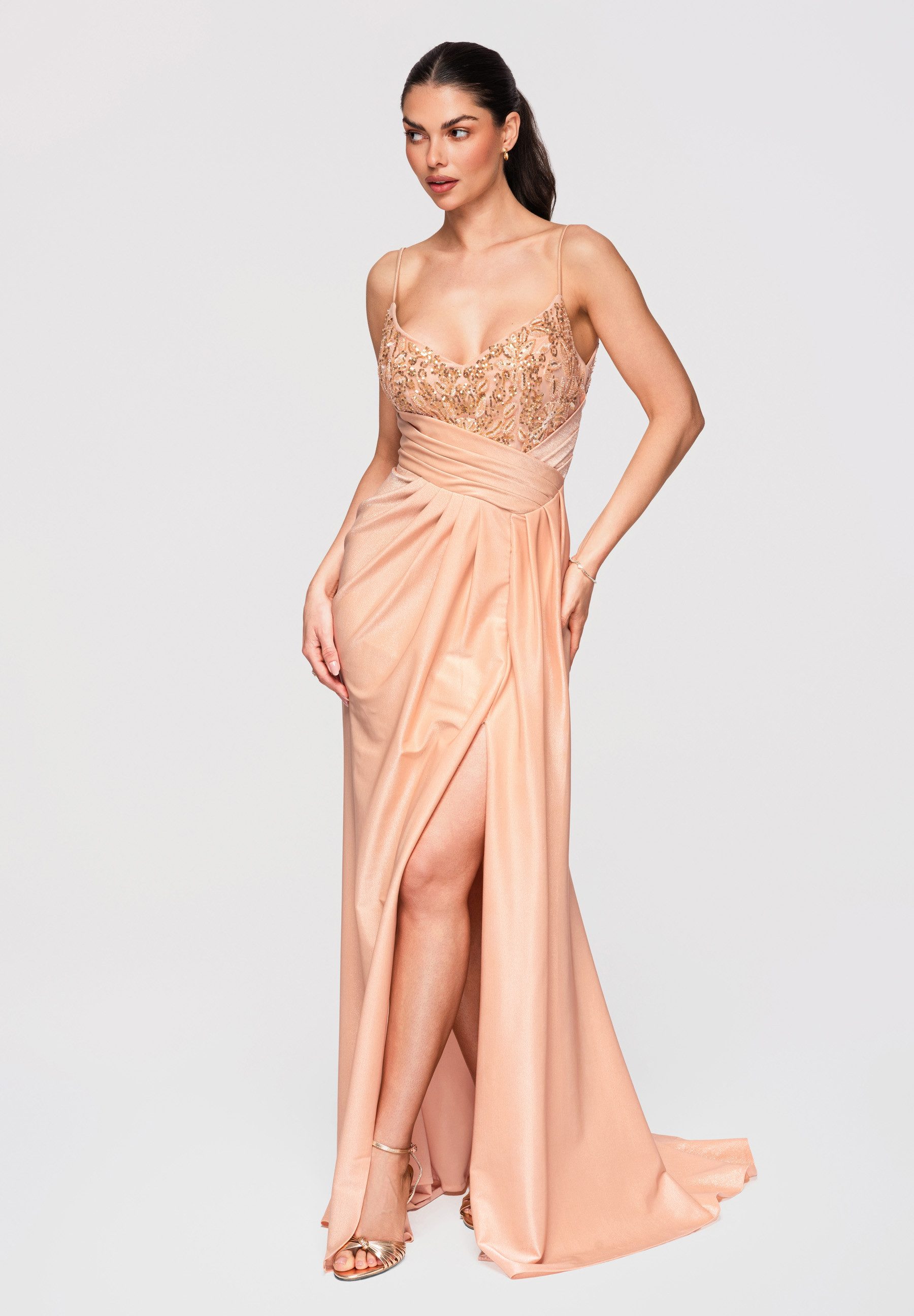 OMBRE Abendkleid Maxikleid Abendkleid mit Pailletten & Schlitz Beige XL (kein Set, 1-tlg) Hoher Schlitz