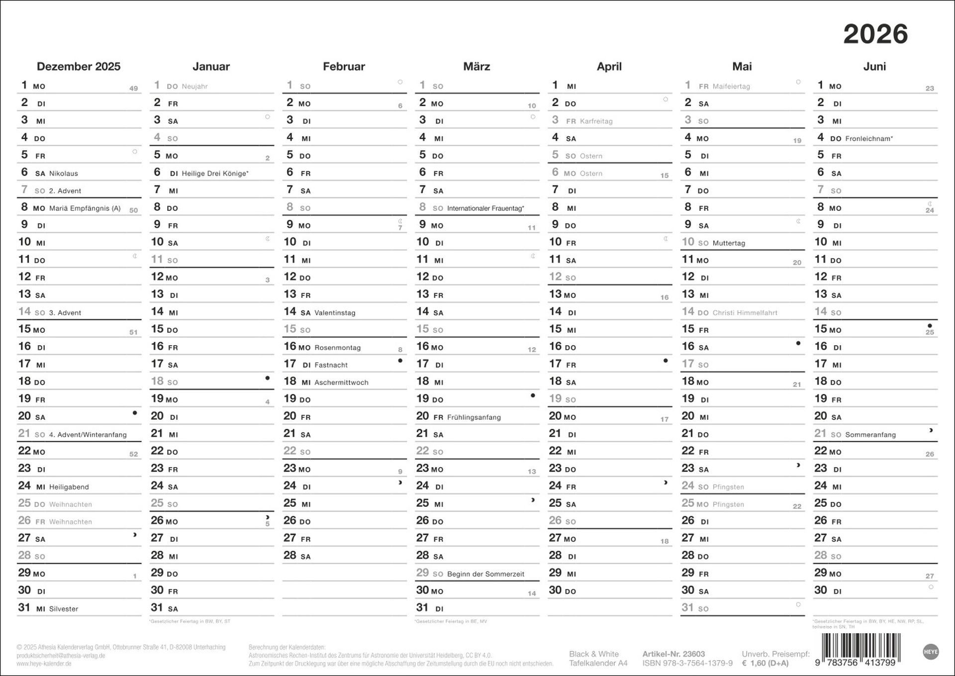 Athesia Календаріverlag Настільний календар Black&White Tafelkalender A4 2026