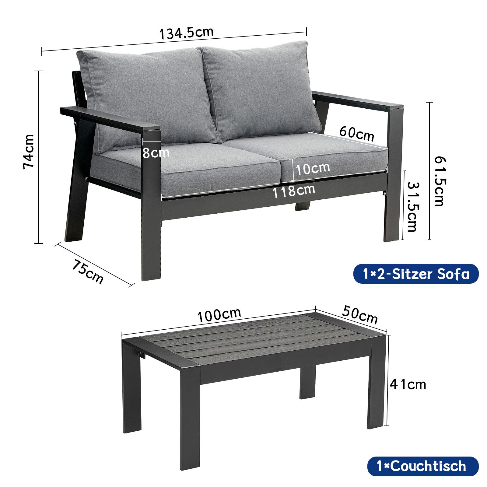 MeXo Gartenlounge-Set Gartenmöbel Set Aluminium, (Balkonset 2 Personen, 2-tlg., 1×2-Sitzer Sofa, 1×Couchtisch, inkl. 3×Auflagen), wetterfest Sitzgruppe Essgruppe Gartengarnitur