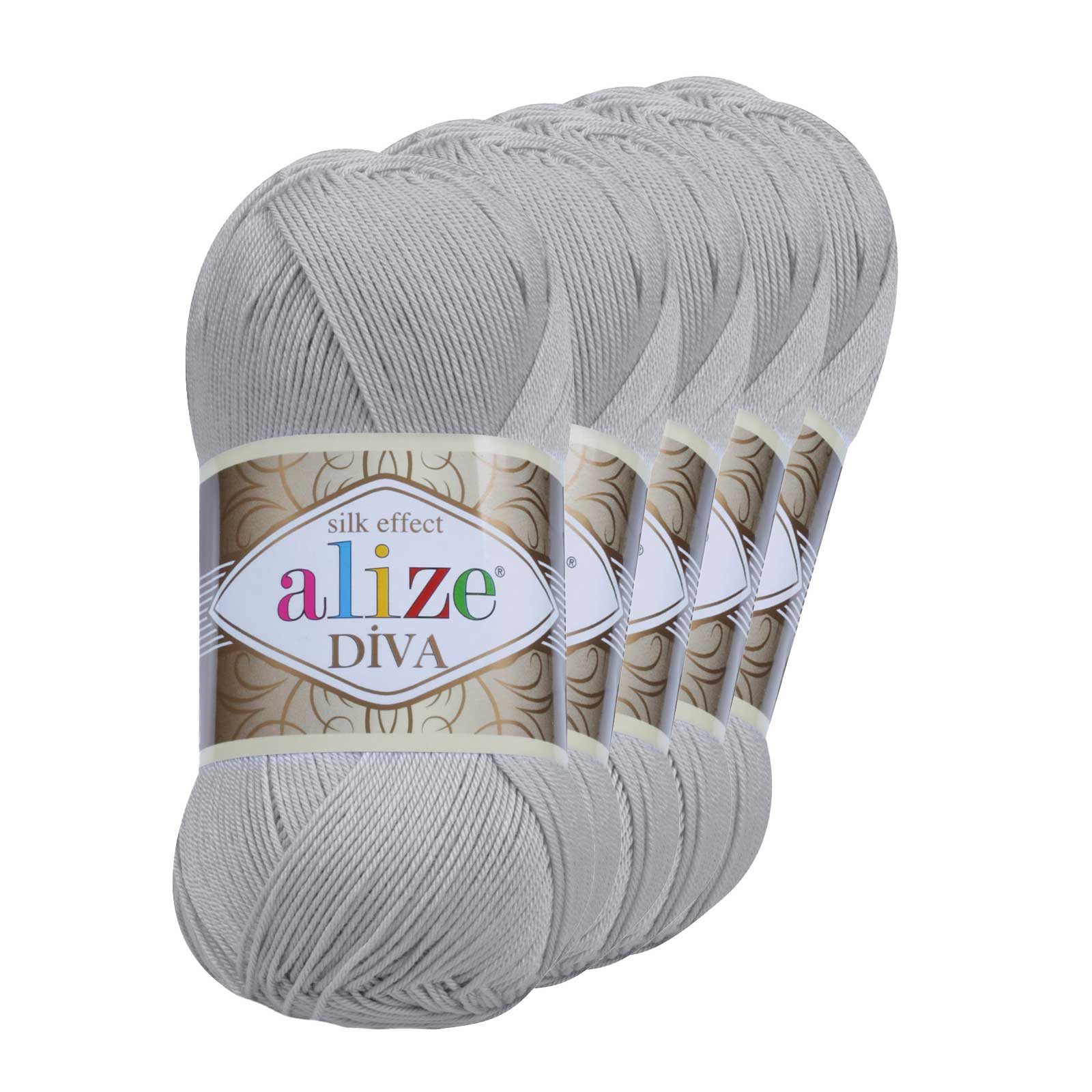 Alize 5 x 100g Strickgarn ALIZE DIVA - Häkelgarn Sommerwolle Häkelwolle, 350 m, 355 grau