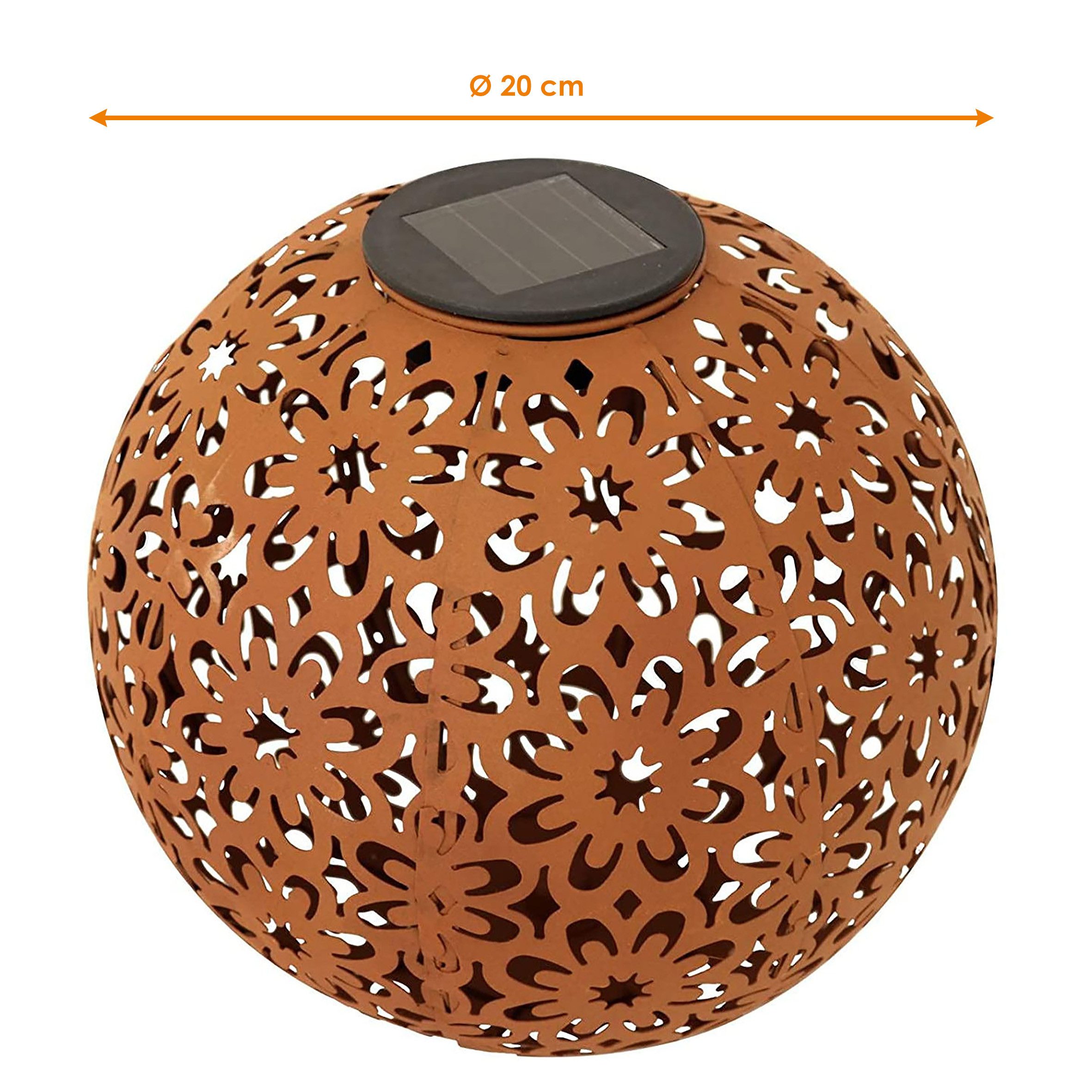 Spetebo LED Solarleuchte Solar Gartenkugel aus Metall in Rost-Optik - 20 cm, mit Einschaltautomatik, LED fest integriert, warm weiß, LED Garten Deko Kugel Leuchte mit Erdspieß