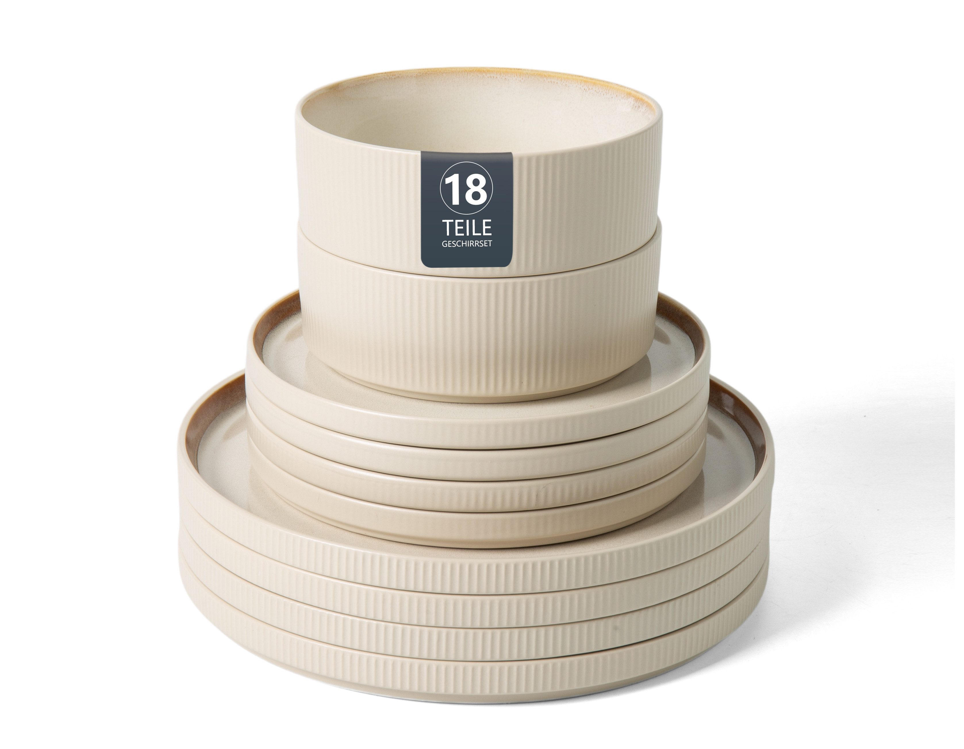 OTTO home Geschirr-Set Ylvii, außen matt, innen reaktiv glasiert (18-tlg), 6 Personen, Steinzeug, Riffeloptik, spülmaschinenfest und mikrowellengeeignet