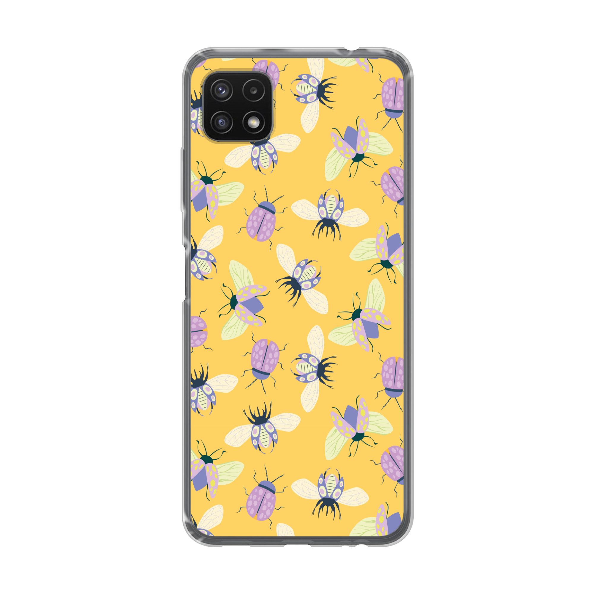 MuchoWow Handyhülle für Samsung Galaxy A22 5G Insekten - Muster - Gelb - Lila - Farbenfroh, Smartphone-Bumper, Print, Handy Schutzhülle Dünn