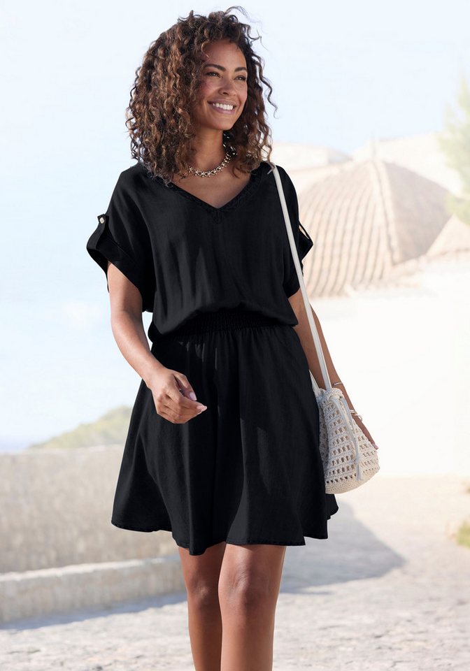 Buffalo Sommerkleid mit V-Ausschnitt aus weicher Lyocellware kurzes Kleid, figurumspielendes Sommerkleid, Strandkleid, Tunikakleid