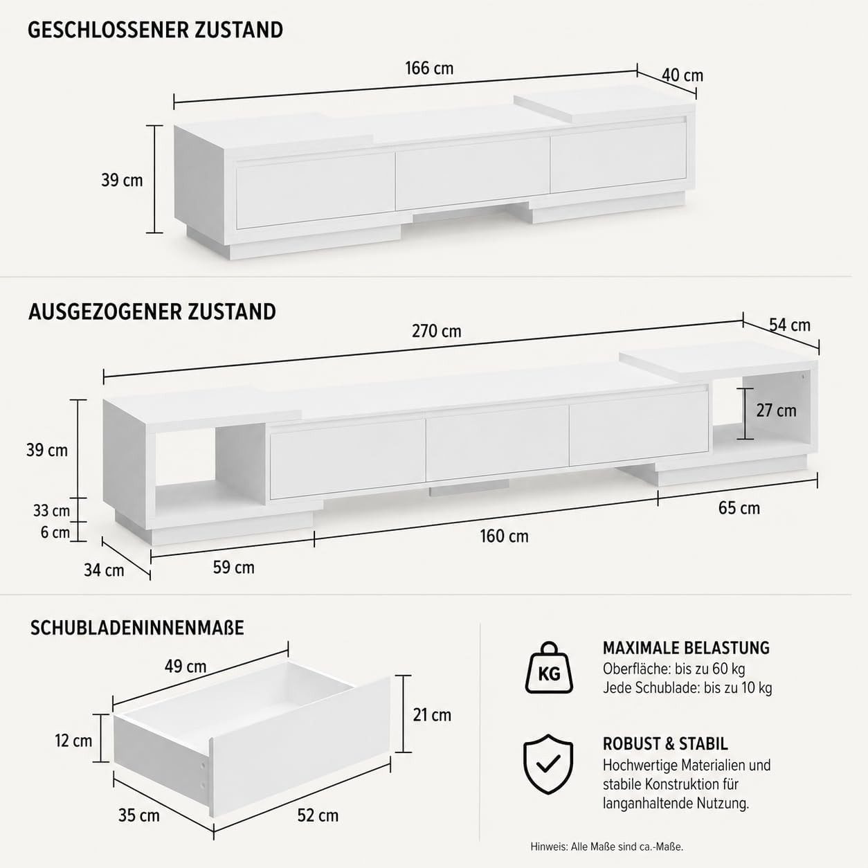 FUFU&GAGA TV-Schrank mit 3 Schubladen und 2 offenen Fächern, 270 x 40 x 39 cm – Bild 4 von 5