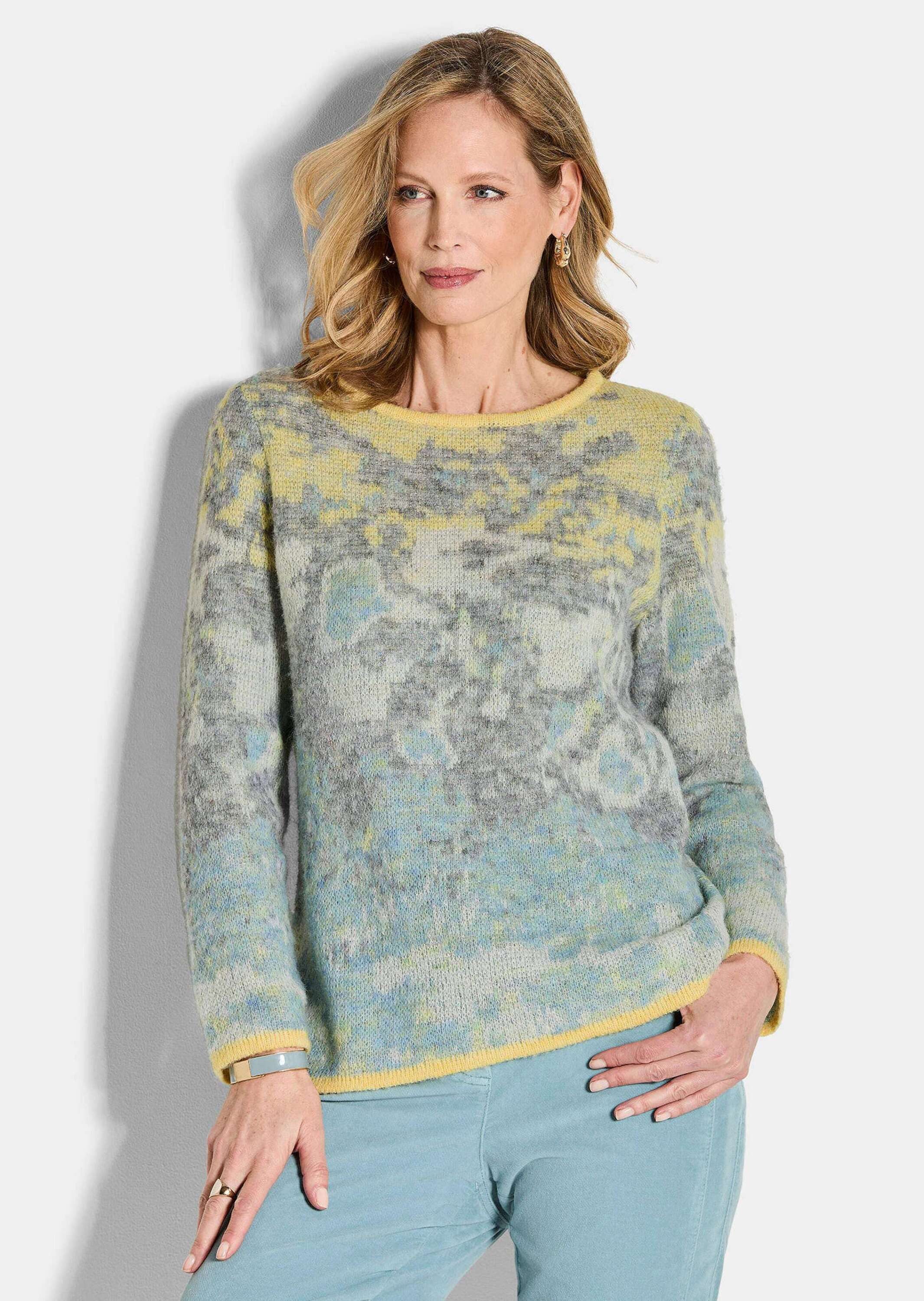 GOLDNER Вязаные свитера Langarm Jacquard-Pullover mit Muster Weicher Пуловеры mit Kontrastdetails und U-Boot-Ausschnitt