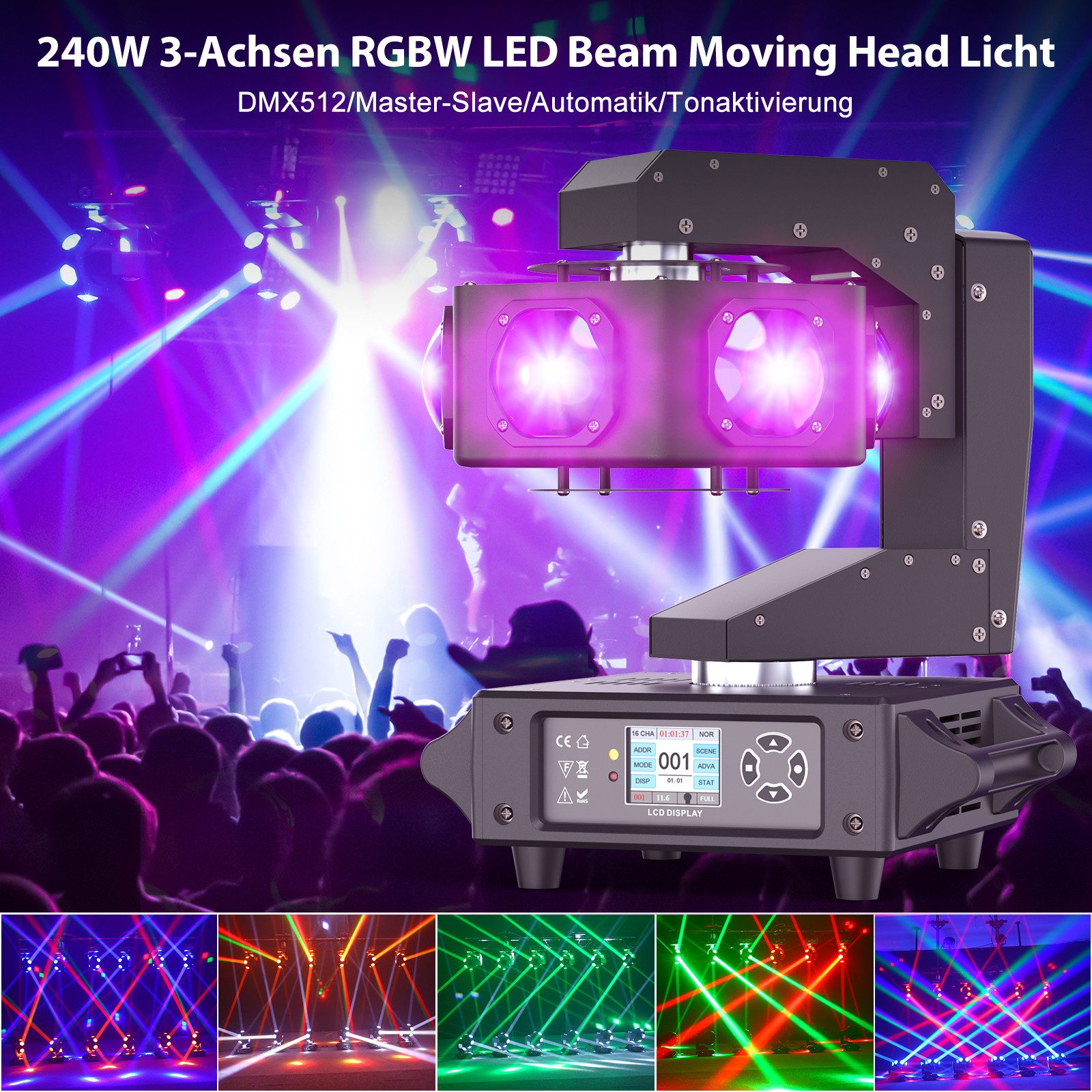 ZonQoonz Discolicht 240W Moving Head Scheinwerfer mit XYZ-Dreiachsenrotation für DJ Party