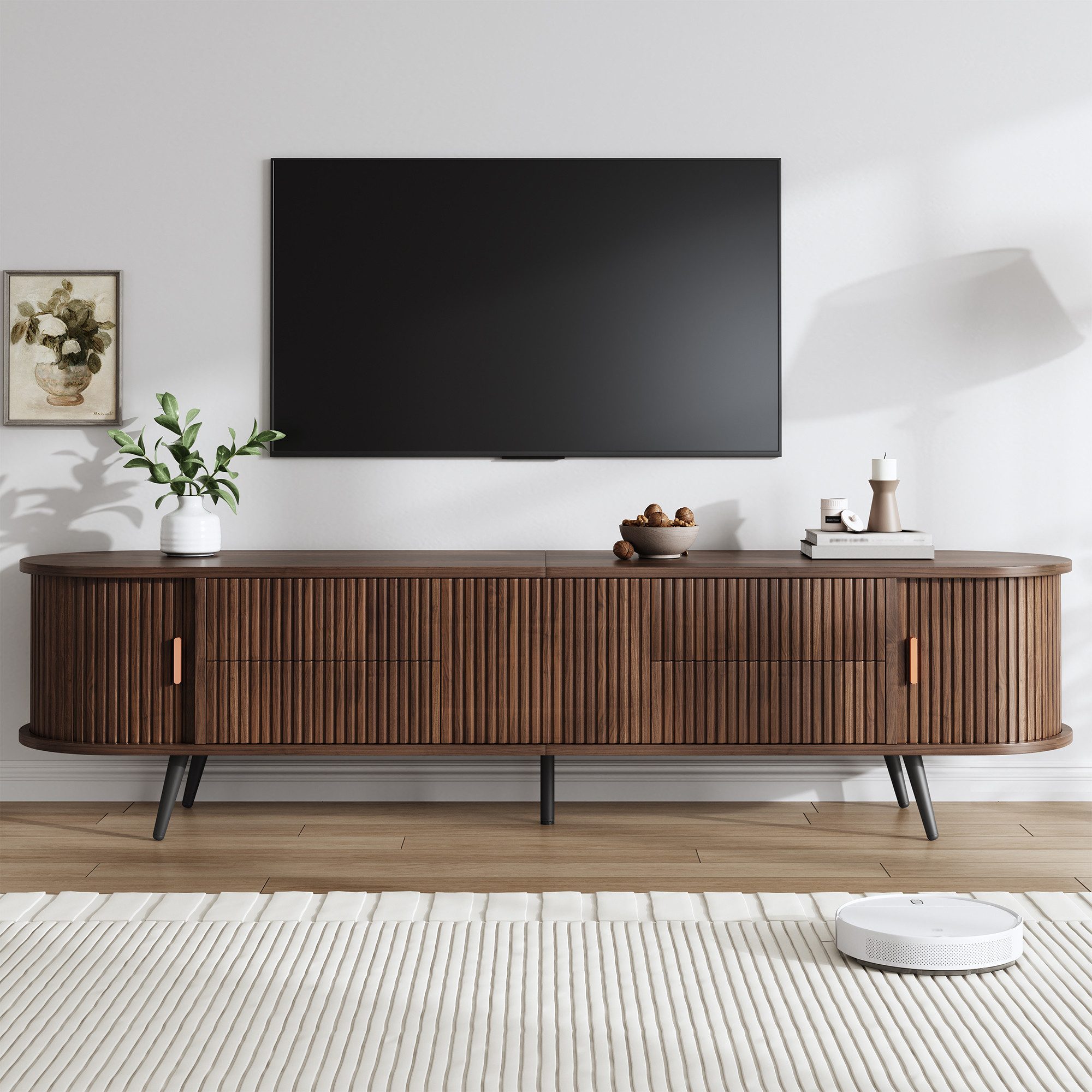 STILVORA Lowboard TV-Schrank mit 4 Schubladen Ovaler TV-Ständer für bis zu 80 Zoll (Wohnzimmerschrank mit Vertikalen Streifen Design, Rollladentürdesign, für bis zu 80 Zoll), Nussbaum dunkel
