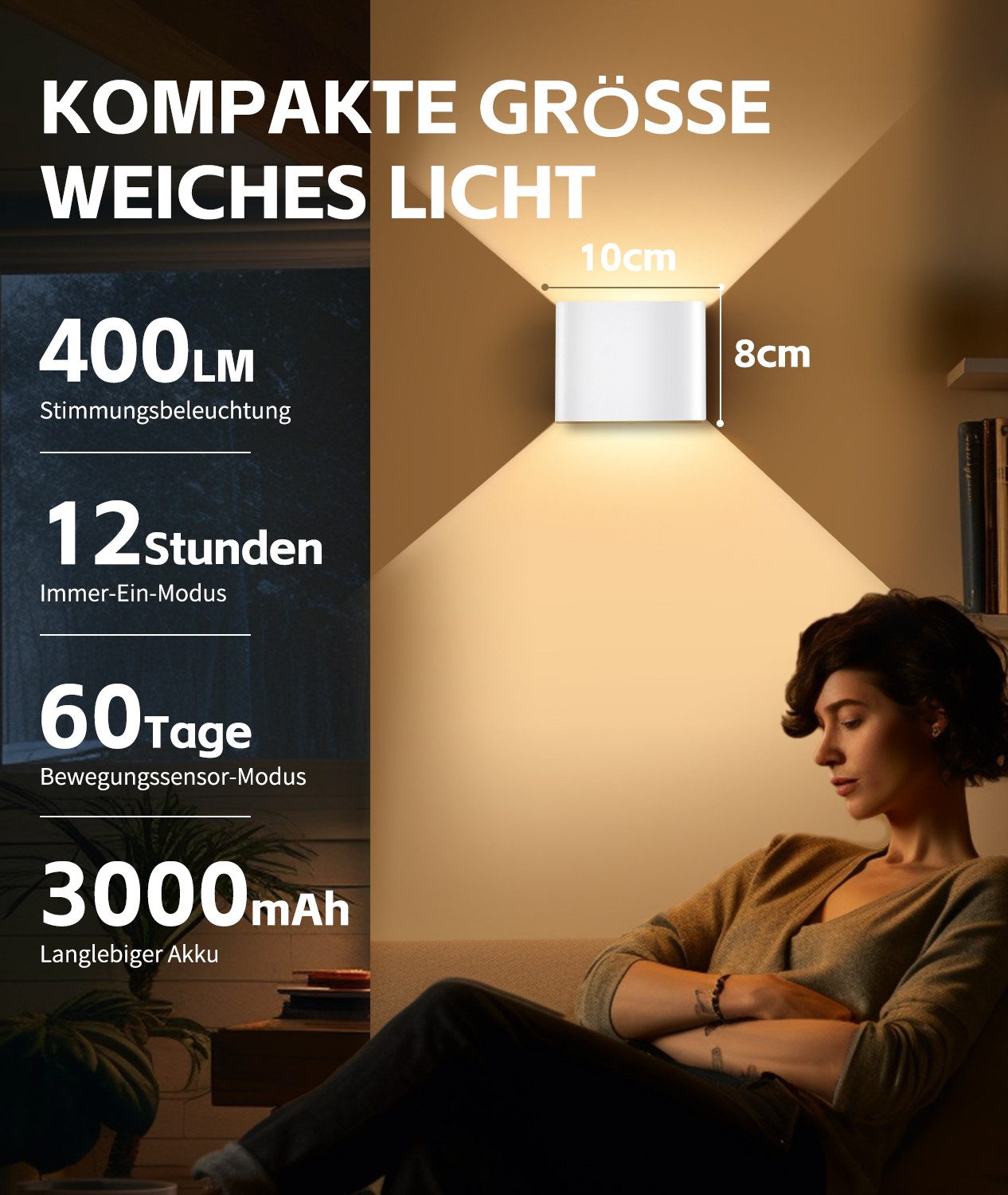 GeyouLux Wandleuchte mit 3000mAh Akku & Bewegungsmelder, 5W 3 Modi 3000K, L günstig online kaufen