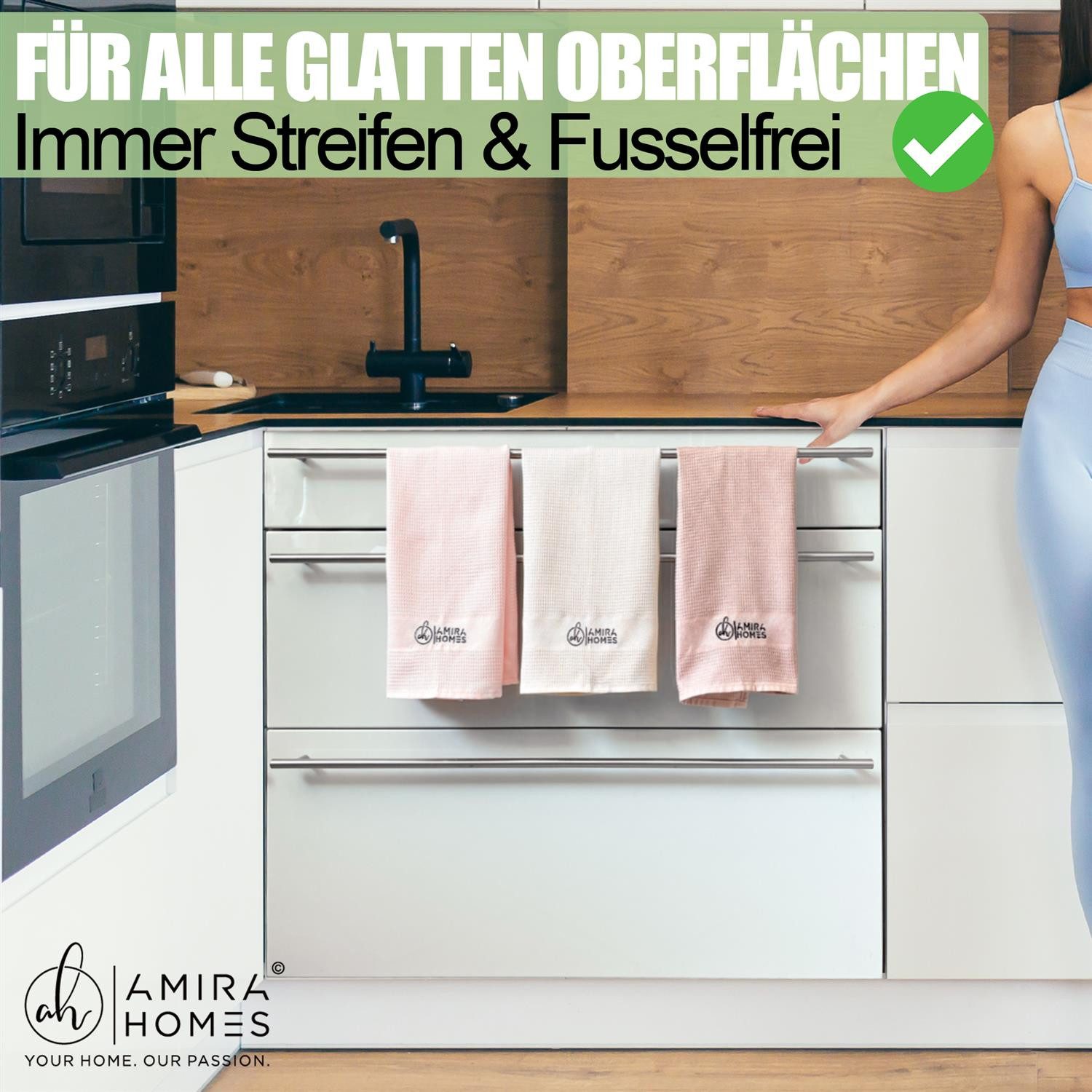 Amira Homes Geschirrtücher ökologisch, Putztücher Küchentücher Allzwecktücher Mikrofasertuch (Mikrofaser, 40x60 cm, 3er Set, Streifenfreie & fusselfreie Reinigung)