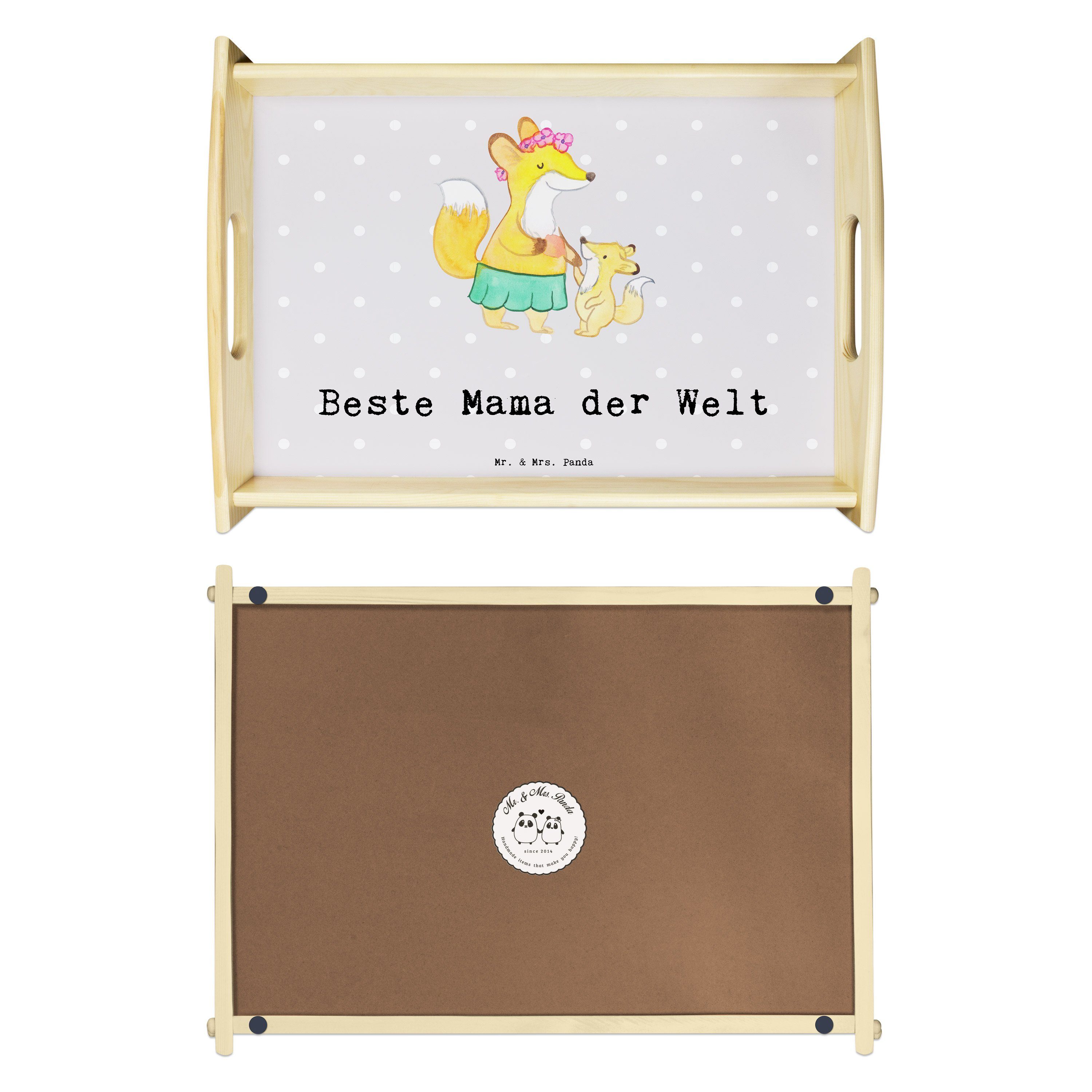 Mr. & Mrs. Panda Beste Mama (1-tlg) Dekotablett, Tablett Geschenk, der Pastell lasiert, Grau Tab, Echtholz Welt - Fuchs 