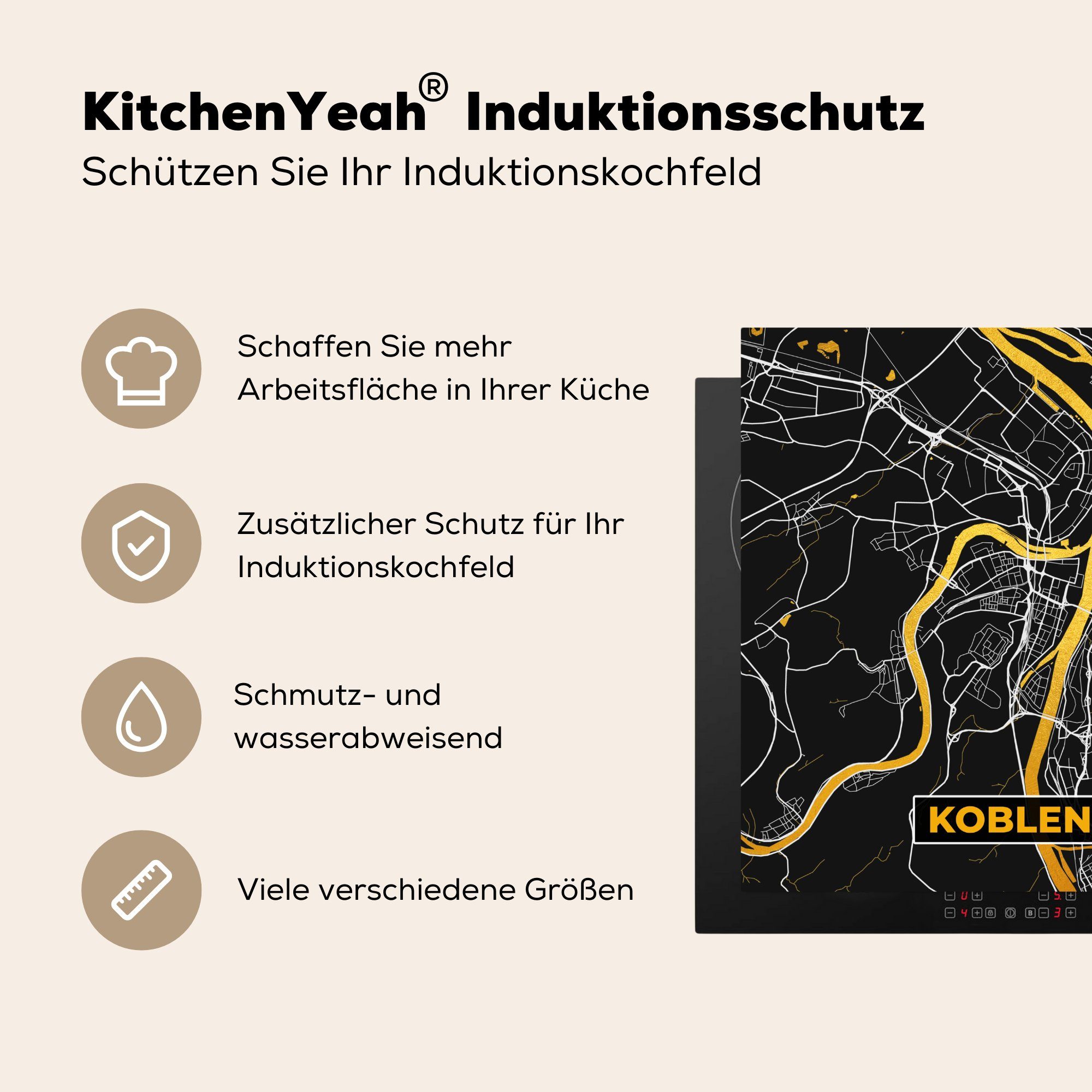 cm, für Koblenz Arbeitsplatte - Ceranfeldabdeckung, - - Stadtplan Schwarz Karte, und MuchoWow - Gold Herdblende-/Abdeckplatte küche 78x78 (1 Deutschland tlg), Vinyl,