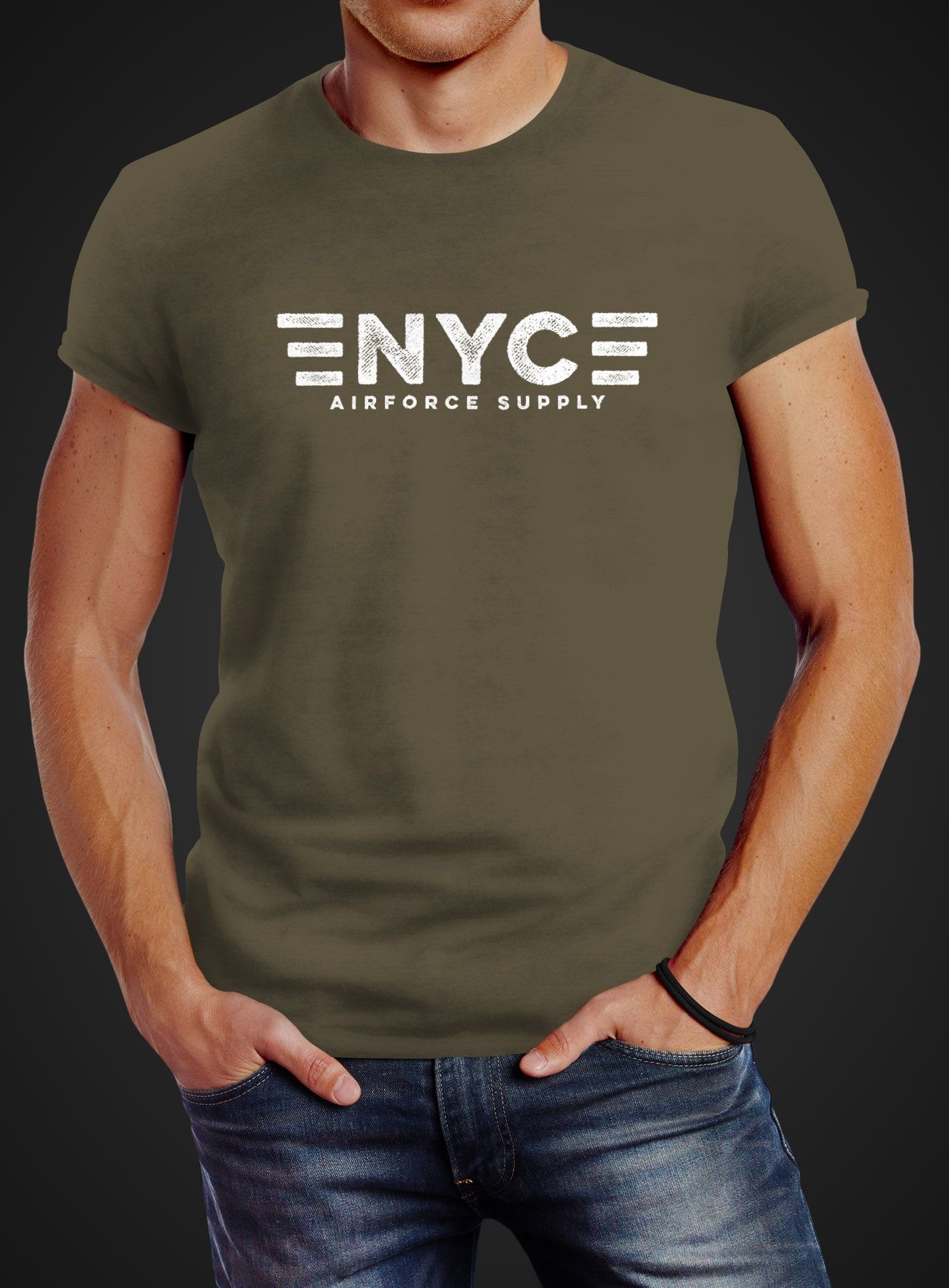 Neverless NYC Print City Army mit Herren Airforce York Neverless® Print New grün T-Shirt Aufdruck Print-Shirt Supply
