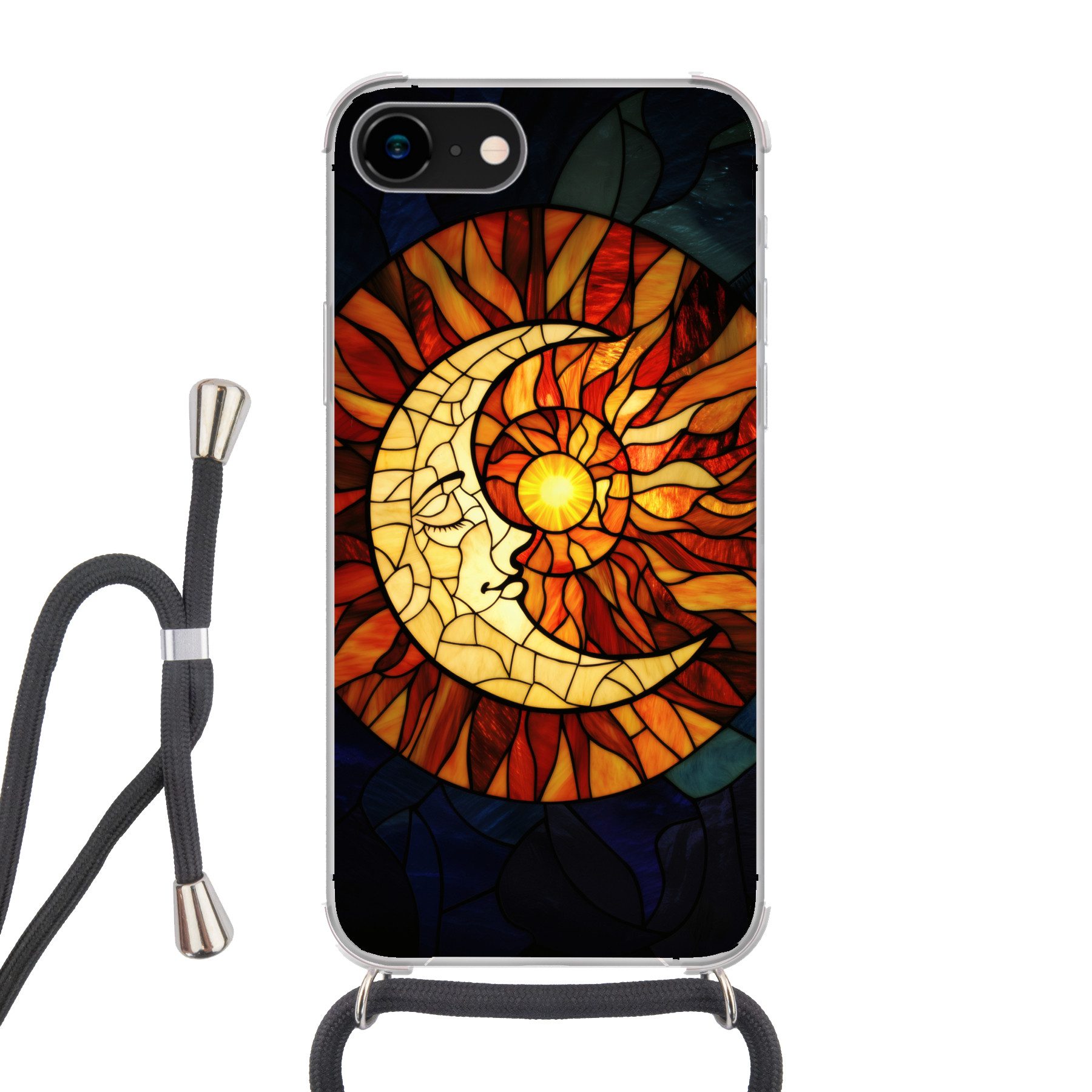 MuchoWow Handyhülle für Apple iPhone 7 Mosaik - Glas - Mond - Dunkelblau, Tragbare Handyhüllen mit Kette zum umhängen, Handykette Handyband