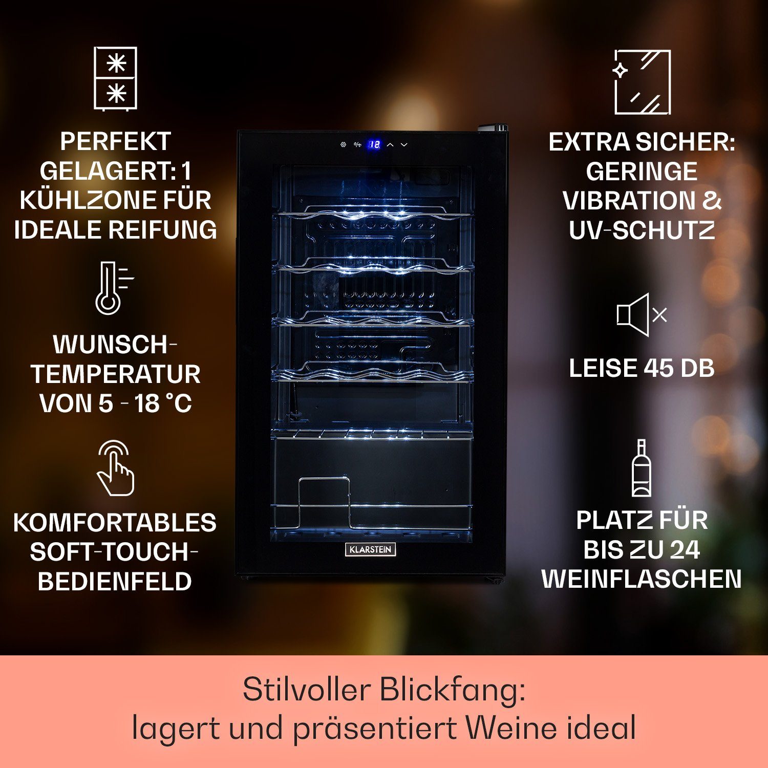 Klarstein Weinkühlschrank Shiraz 24 Uno, für 24 Standardflaschen á 0,75l,Wein Flaschenkühlschrank Weintemperierschrank Weinschrank Kühlschrank – Bild 3 von 5
