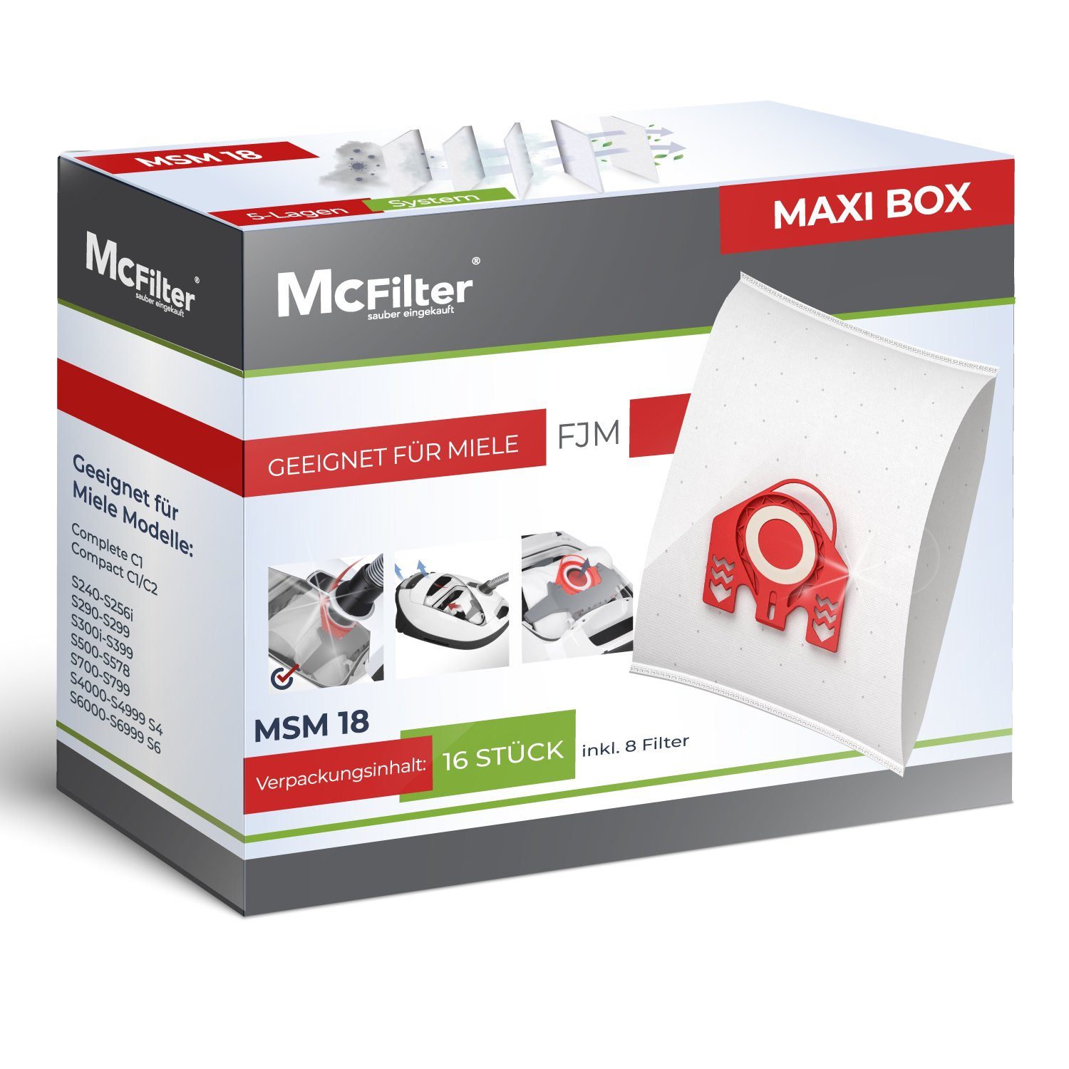 McFilter Staubsaugerbeutel Miele MAXI BOX 16+8, passend für FJM Serie, S2  S3 S4 S5 S6 S7, Complete C1, Compact C1/C2, inkl. 8 Filter, 16 St., Top  Miele Alternative zu Original 9917710, wie 10408420