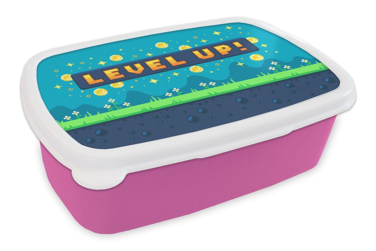Pixelart, für Brotbox Kinder, Landschaft rosa Mädchen, Spiele Brotdose Snackbox, Lunchbox MuchoWow Kunststoff (2-tlg), Erwachsene, - - Kunststoff,