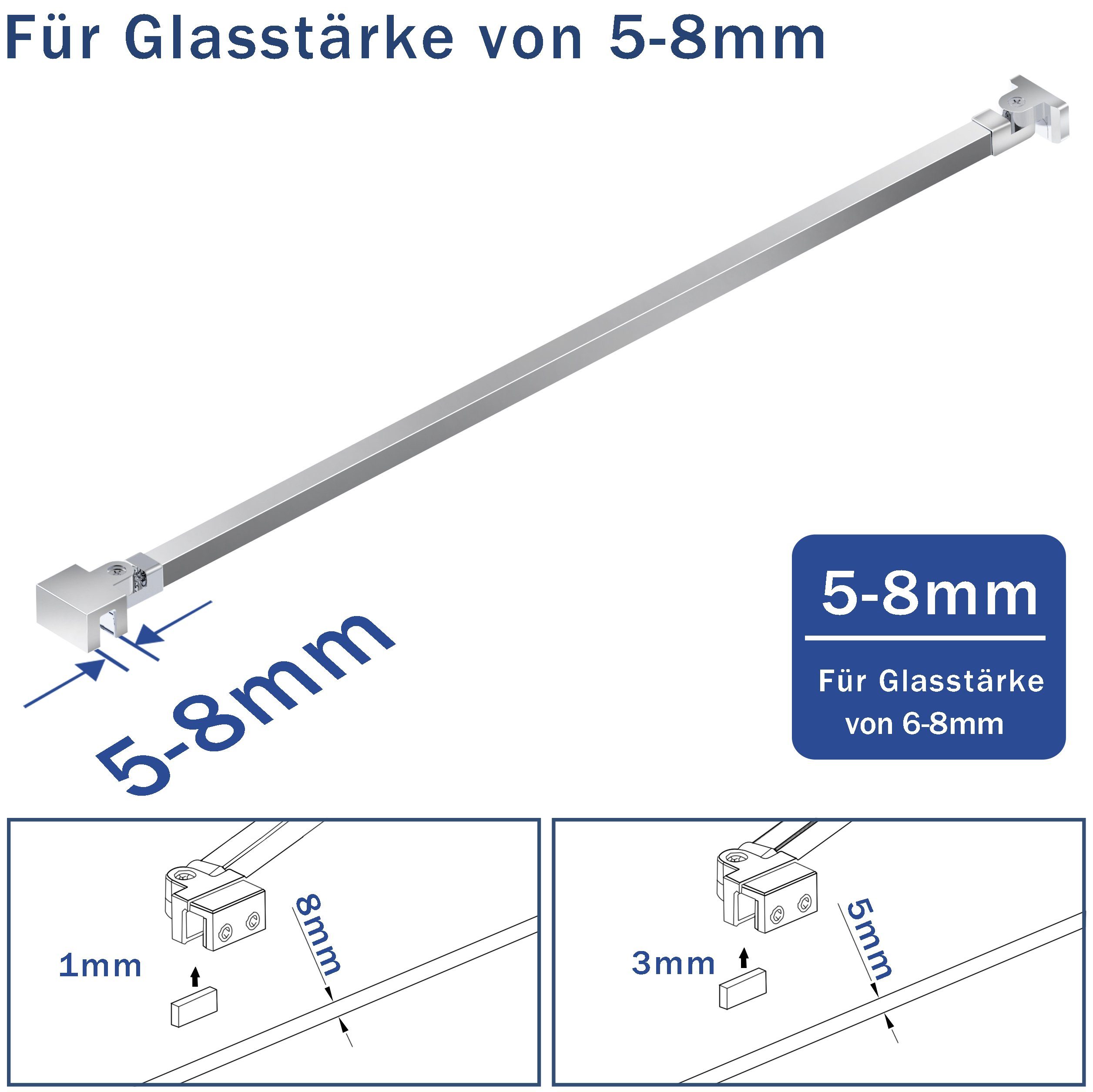 Glaswand Haltestange Stabilisator – Stufenlos Verstellbar 70-120 Cm, Für Duschabtrennungen 4-12 Mm Stärke