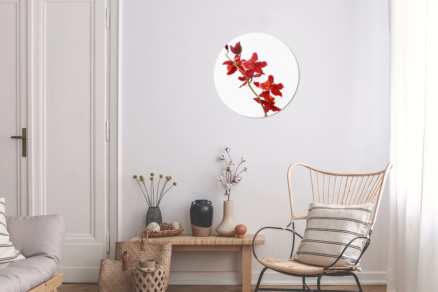 Wandbild, St), weißen Hintergrund, MuchoWow Rote Gemälde Rundes (1 cm Wohnzimmer, Orchideen 30x30 vor Wanddekoration einem Forex, Kreis