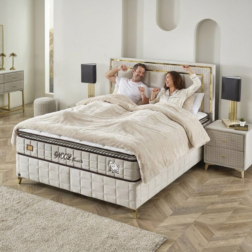 gowoll Boxspringbett Wooltouch Stauraumbett, Doppelbett inkl. Matratze (Set, erhältlich in den Größen 140x200cm, 160x200cm und 180x200cm), inkl. zwei Bettkästen & 35 cm höhe Matratze und Topper