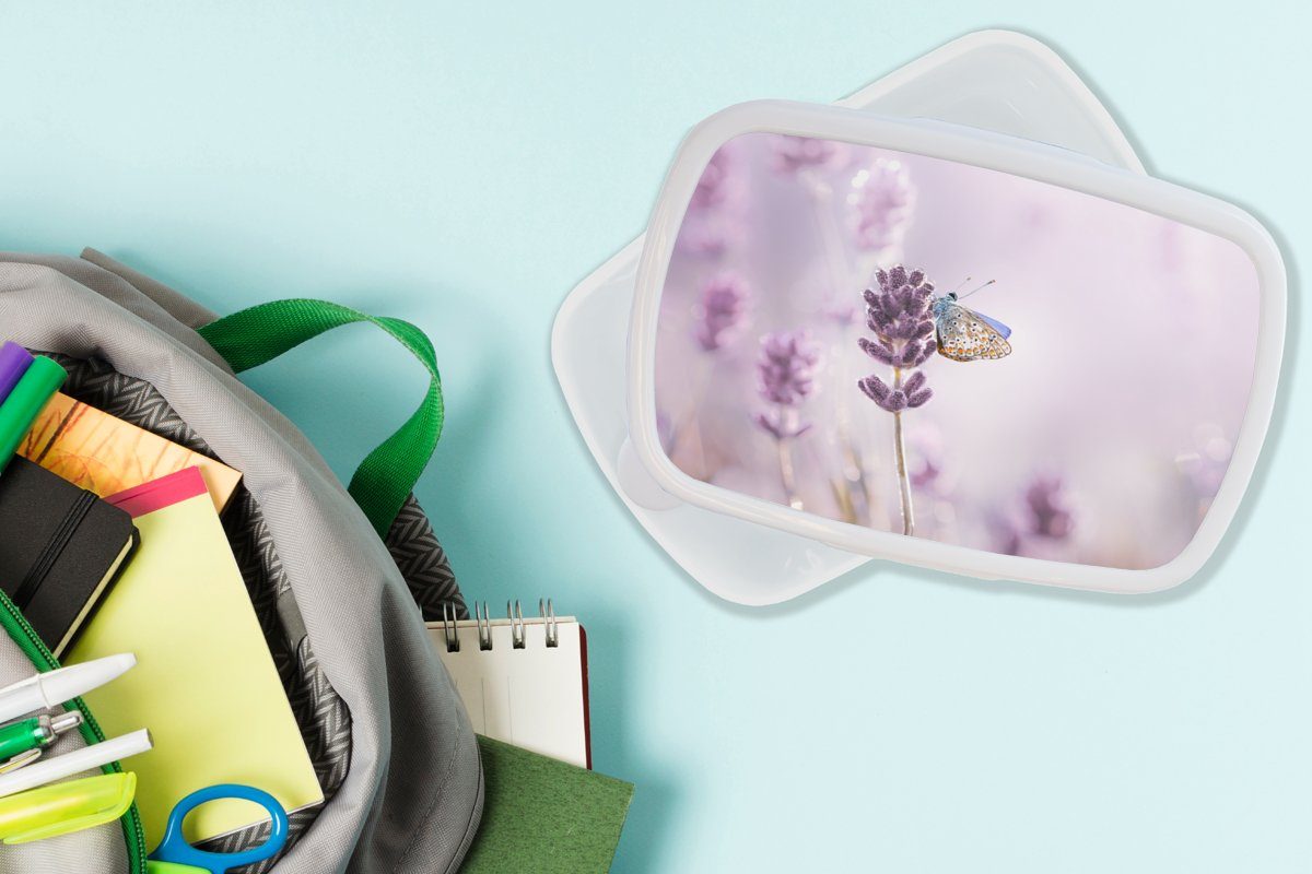 MuchoWow Lunchbox Lavendel - Nahaufnahme für Erwachsene, und für Brotbox und (2-tlg), Brotdose, Kunststoff, Jungs Lila, Kinder weiß Mädchen - - Schmetterling