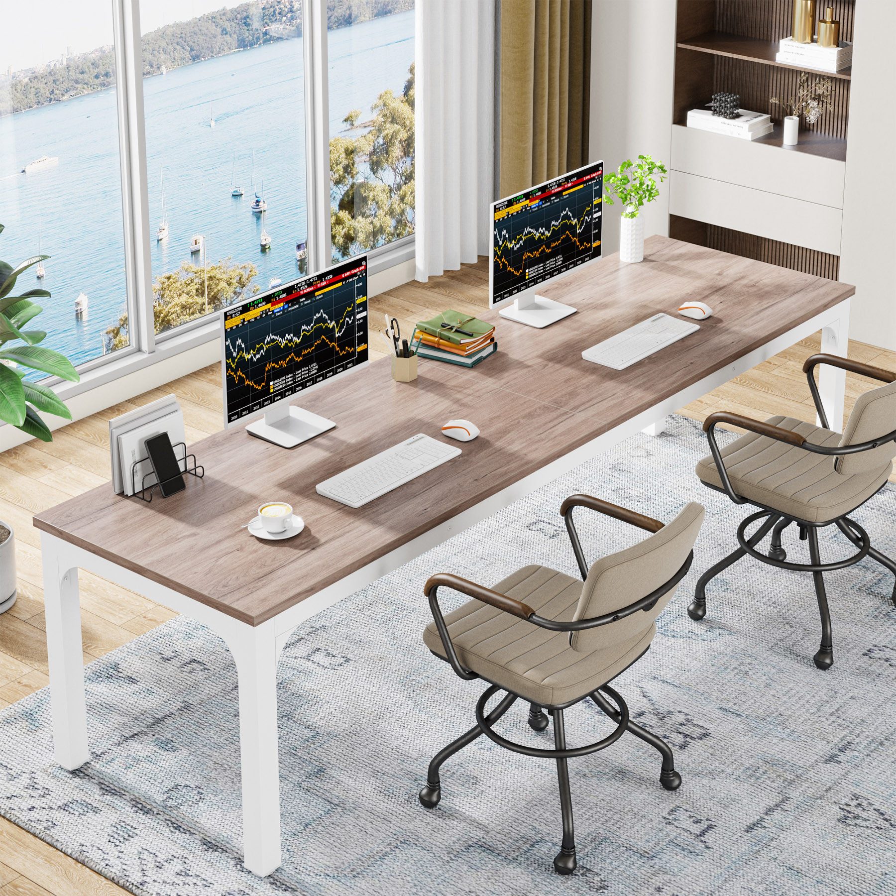 Tribesigns Computertisch 200x70x75cm, doppelter PC-Bürotisch, Braun/Weiß günstig online kaufen