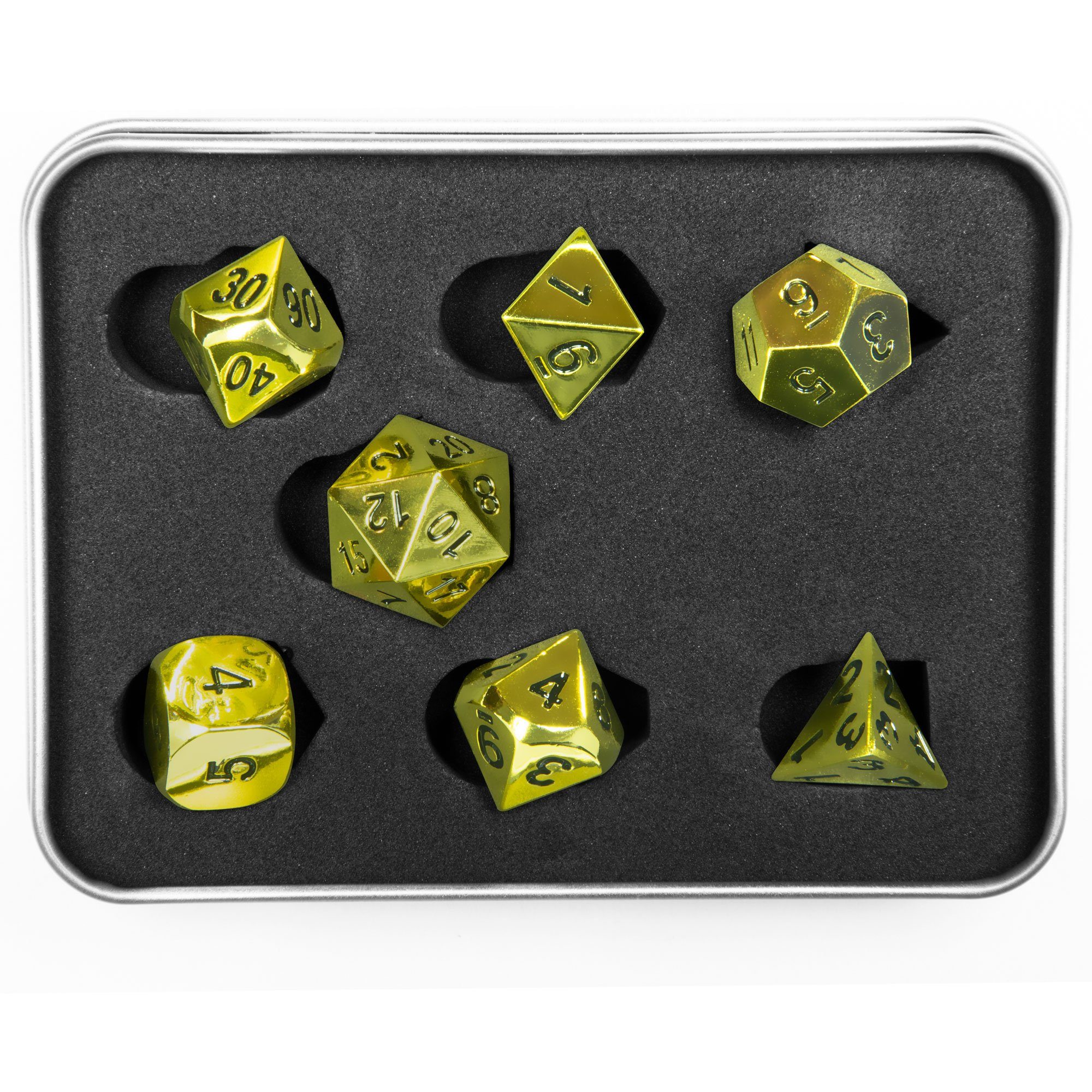 SHIBBY Spielesammlung 7 polyedrische Metall-DND-Würfel - Glänzend - inkl. Aufbewahrungsbox