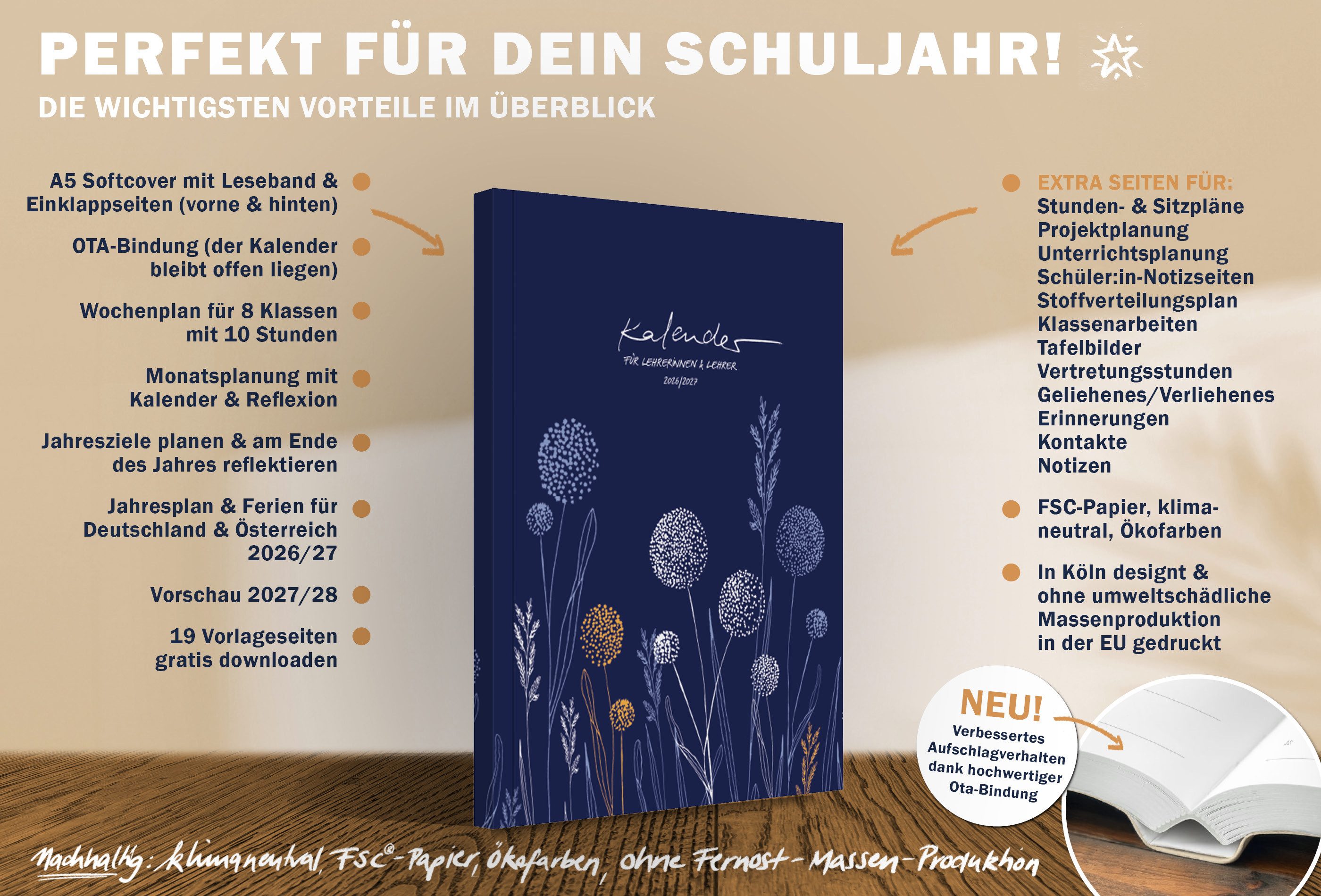 Eine der Guten Verlag Lehrerkalender Lehrerplaner 2026 2027 - A5, blau orange, 1 Doppelseite / Woche, Schuljahr 26/27, 224 S. Softcover, klimaneutral