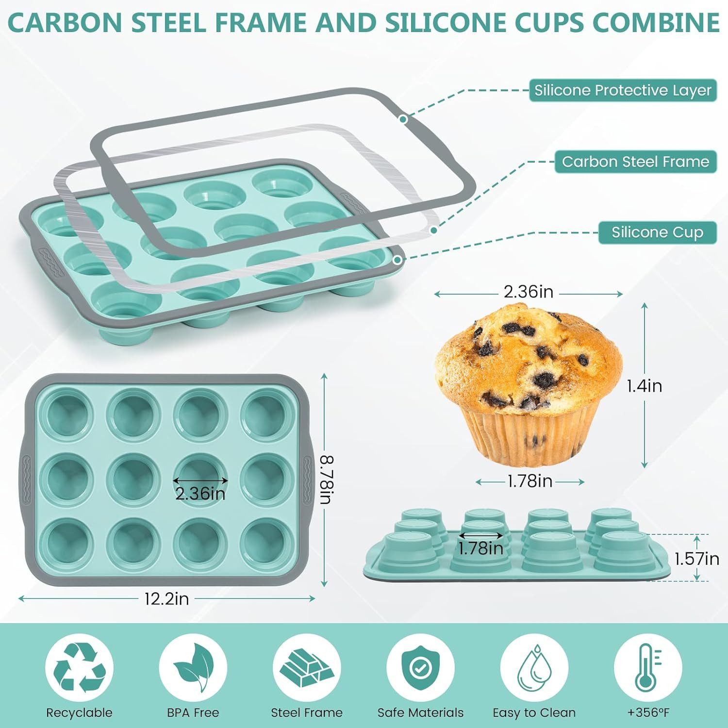 FELIXLEO Brotbackform Muffinform Silikon 12 Muffins mit Metallrahmen, (1-tlg)