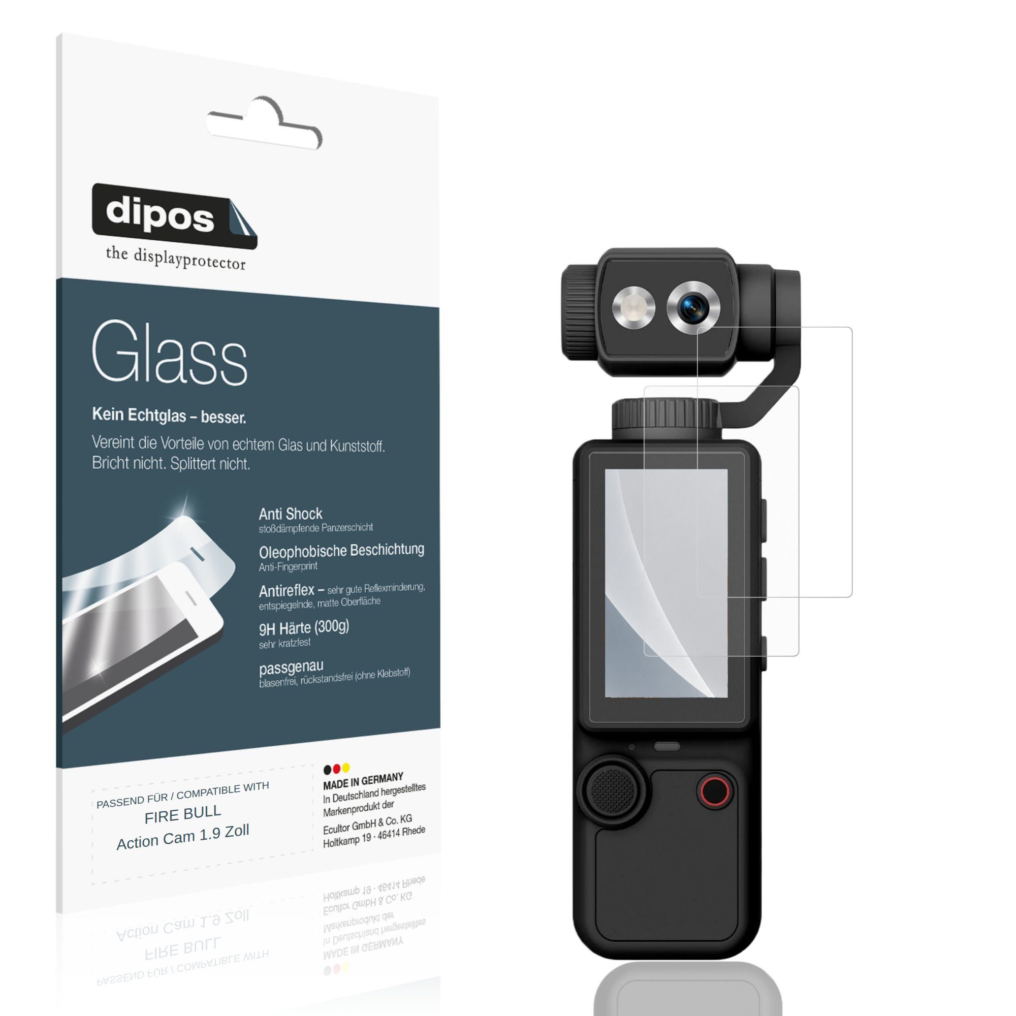 dipos Displayschutzfolie Schutzfolie für FIRE BULL Action Cam 1.9 Zoll, 2 Stück, Displayschutz Schutz Folie Made in Germany