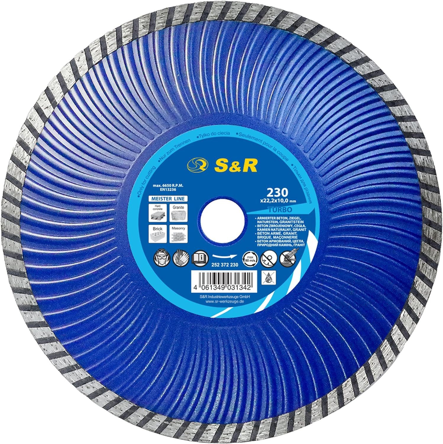 S&R Diamanttrennscheibe 230 x 2,6 x22,2mm TURBO-CUT, Industriequalität, Trennscheibe für Beton, Stahlbeton, Granit, Naturstein, vibrationsarme Wellenkern-Geometrie