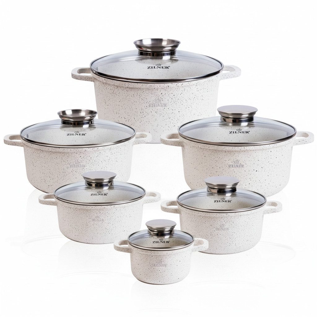 Zilner Topf-Set Beige Kochtöpfe – Stilvolles Design & Premium-Qualität, Aluminiumguss, Aluminium (Erleben Sie Kochen auf höchstem Niveau – entscheiden Sie sich für unsere beigen, marmorierten Кастрюли und bringen Sie Eleganz, Gesundheit und Genuss in Ihre Küche!, 12-tlg., Es ist eine perfekte Geschenkidee für jeden Anlass)
