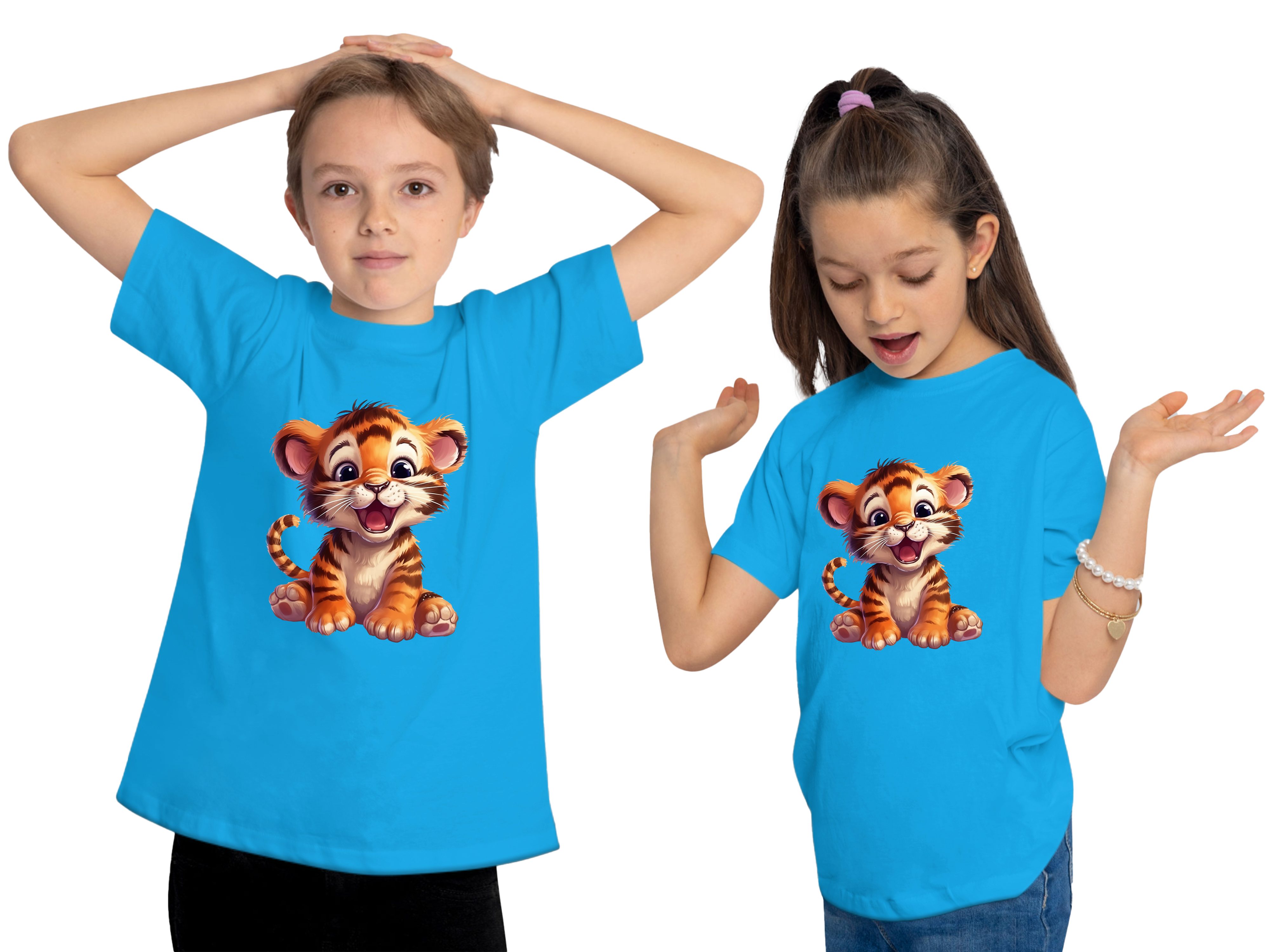 MyDesign24 T-Shirt Kinder Shirt Wildtier Baby i266 Tiger Print blau Baumwollshirt Aufdruck, - bedruckt mit aqua