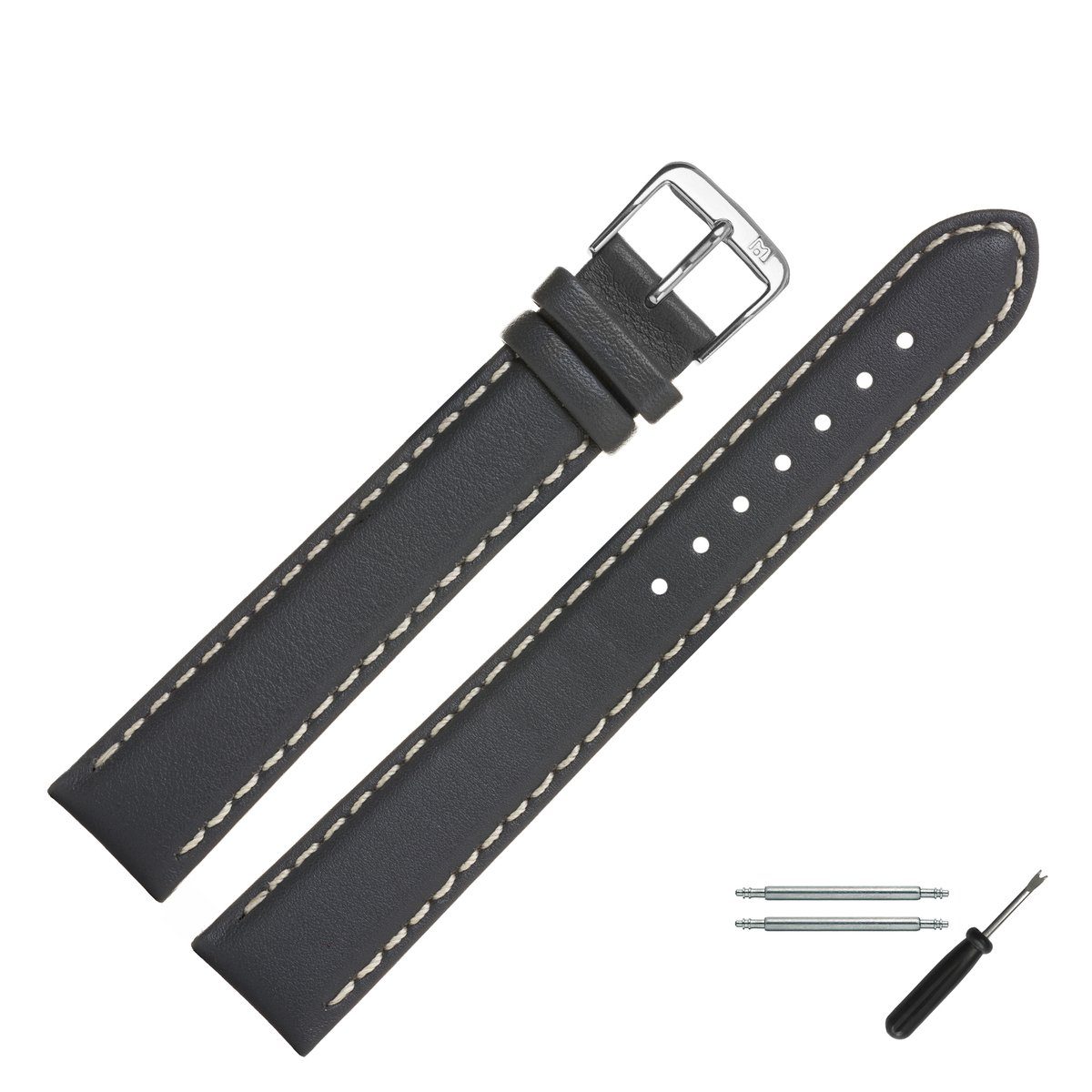 MARBURGER Uhrenarmband 22mm Leder XL extra lang Dunkelgrau/Silber