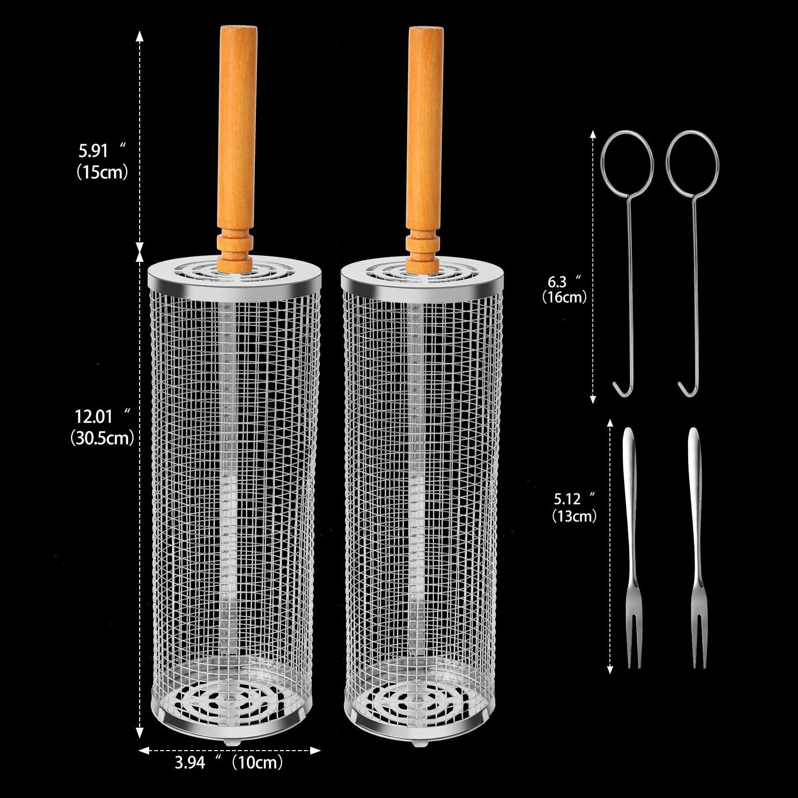 FOUORTUNATE-BEE Grillbesteck-Set Rollendes Grillkorb mit Holzgriff, (2 tlg., Grillnetzrohr für Den Außengrill für Gemüse), Grillkorb Edelstahl Zylindrisch, Grill Zubehör Drehspieß