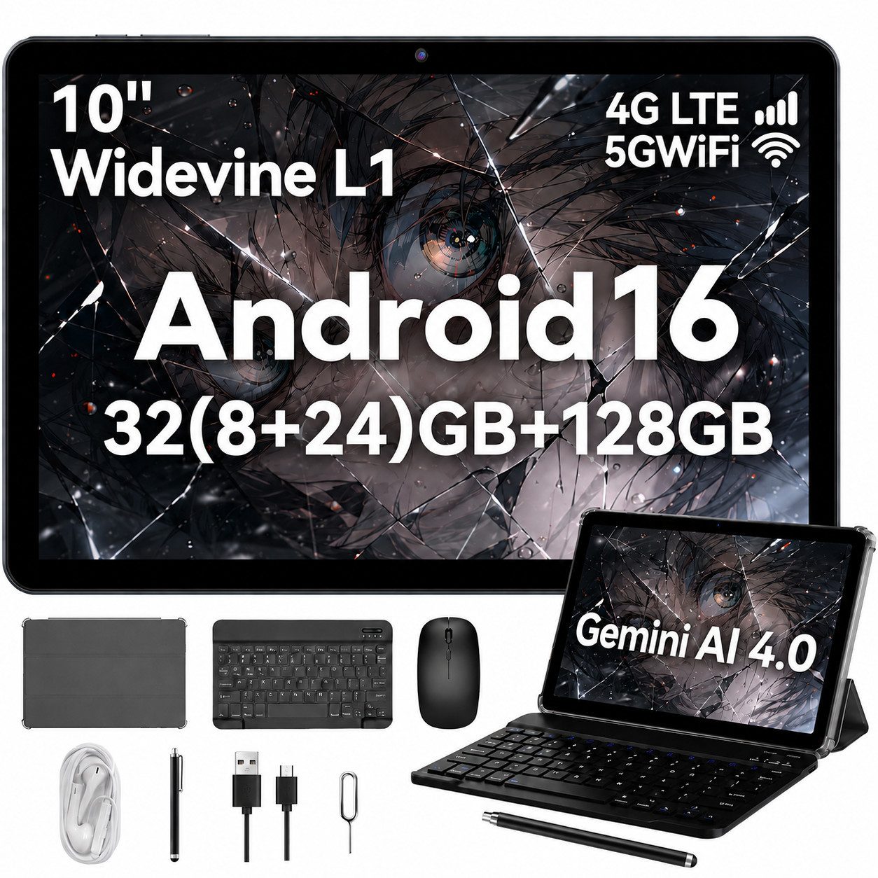 TABWEE KOBONAW80 10" Android 16 Tablets 4G LTE/5G WiFi Tablet (10.1", 128 GB, Android16, 4G(LTE), 6000mAh, 16:10-Bildschirm, Gemini AI 4.0, Nano SIM-Karte)