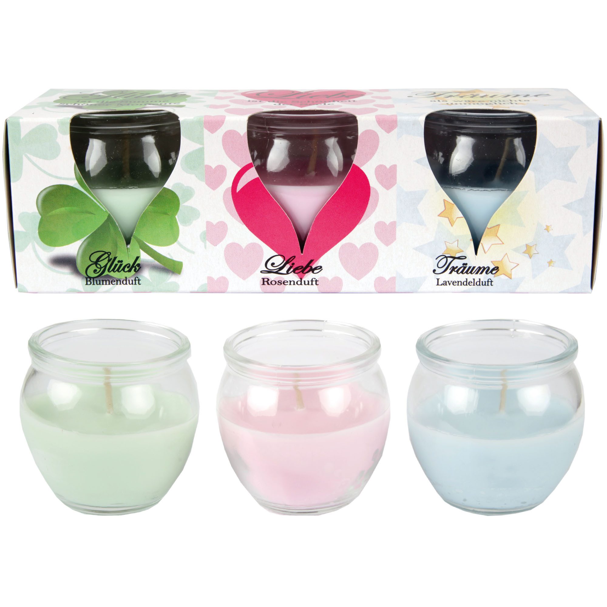 HS Candle Duftkerze im Glas Mix-Set (3-tlg), Romantic, Duftnote floral, Ø6x6cm, 18h, für romantische Momente