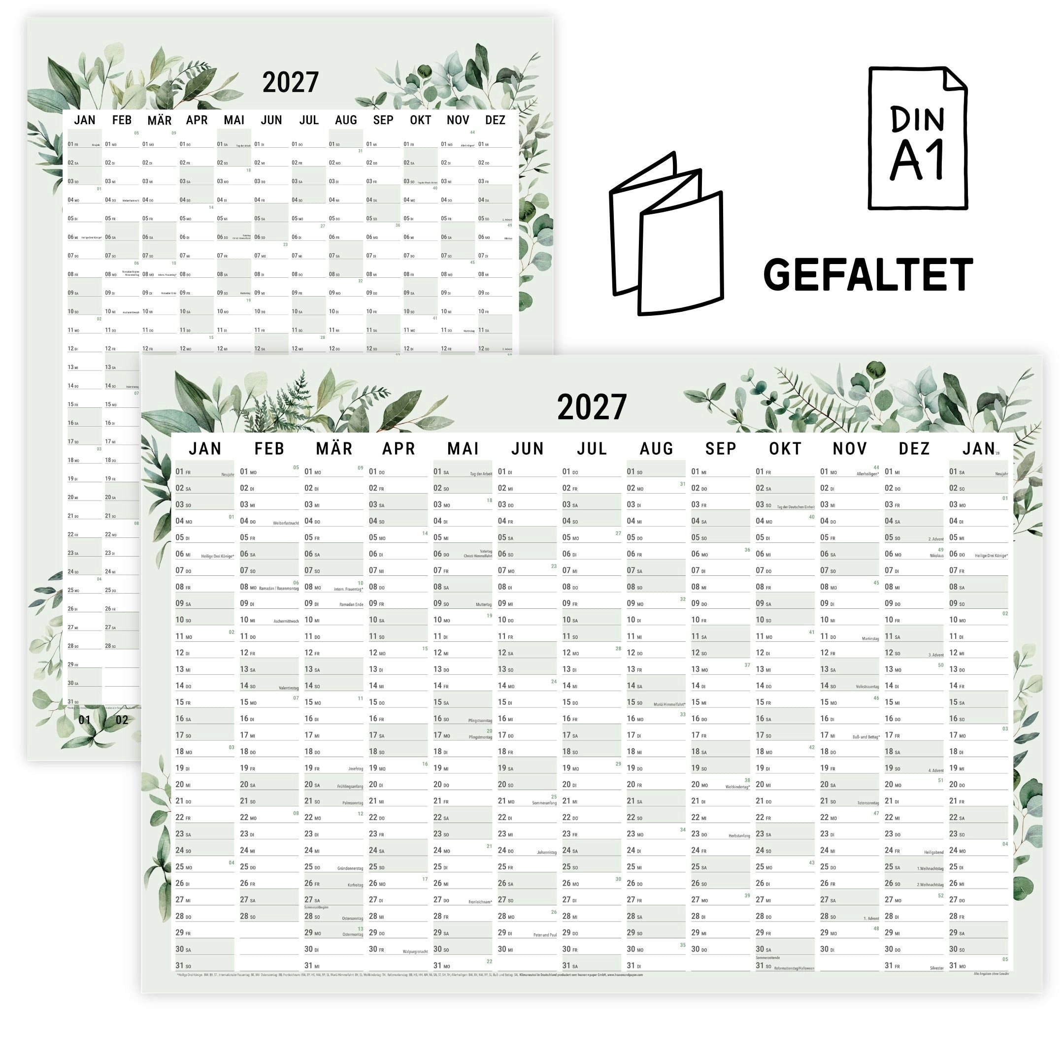 heaven+paper Jahresplaner Wandplaner 2027 Eukalyptus – DIN A1, beidseitig bedruckt, Hergestellt in Deutschland