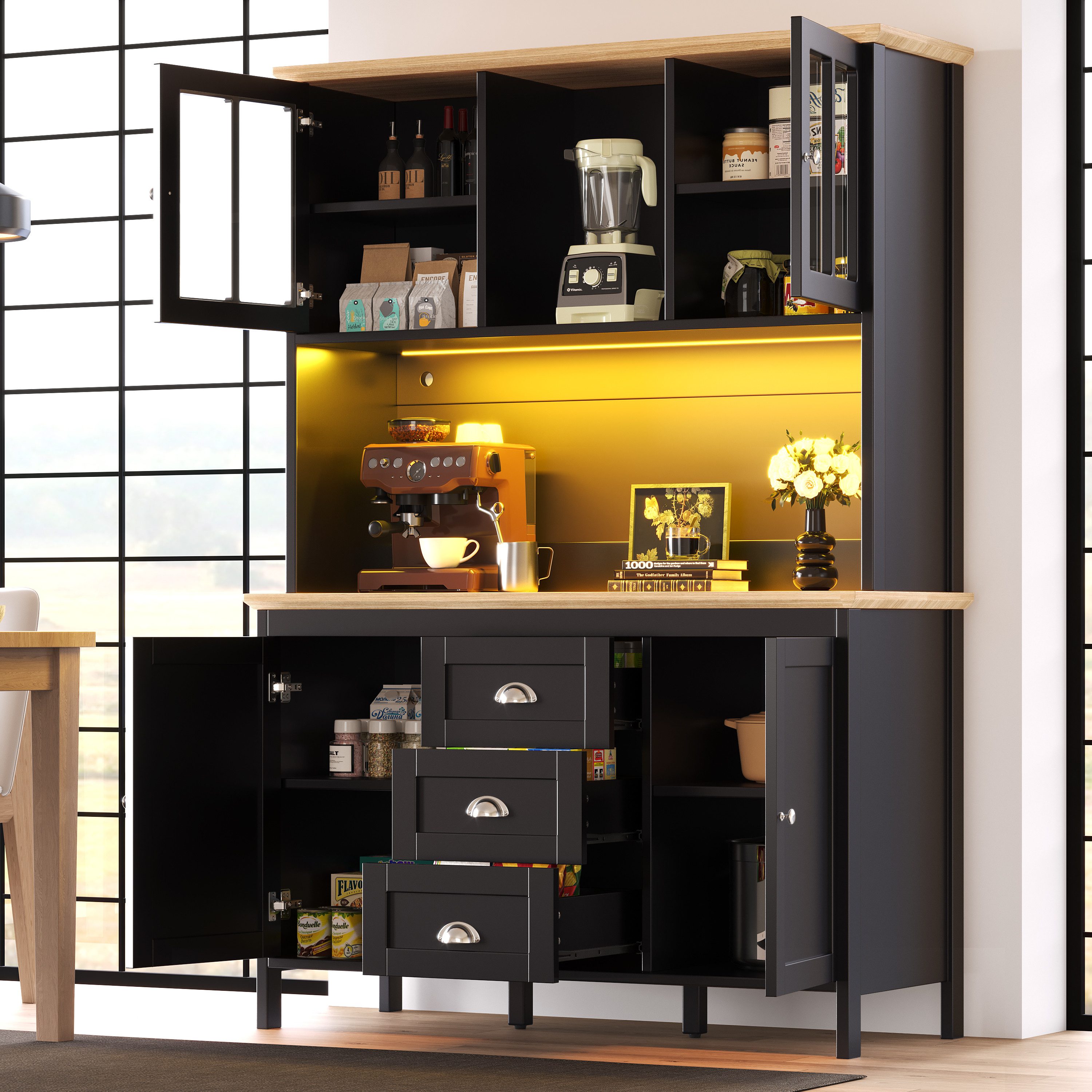 Flieks Küchenbuffet mit LED-Beleuchtung, Schubladen und Glastüren in Retro-Stil (1-St., B120/T40/H179 cm) Hochschrank Küchenschrank Geschirrschrank mit verstellbare Ablagen