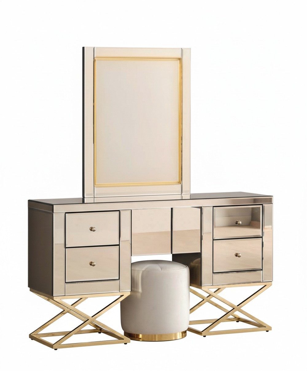 Xlmoebel Schminktisch Stilvoller Schminktisch in Gold mit praktischer Ablagefläche (mit Spiegel und Hocker, mit Spiegel und Hocker), Made in Europa