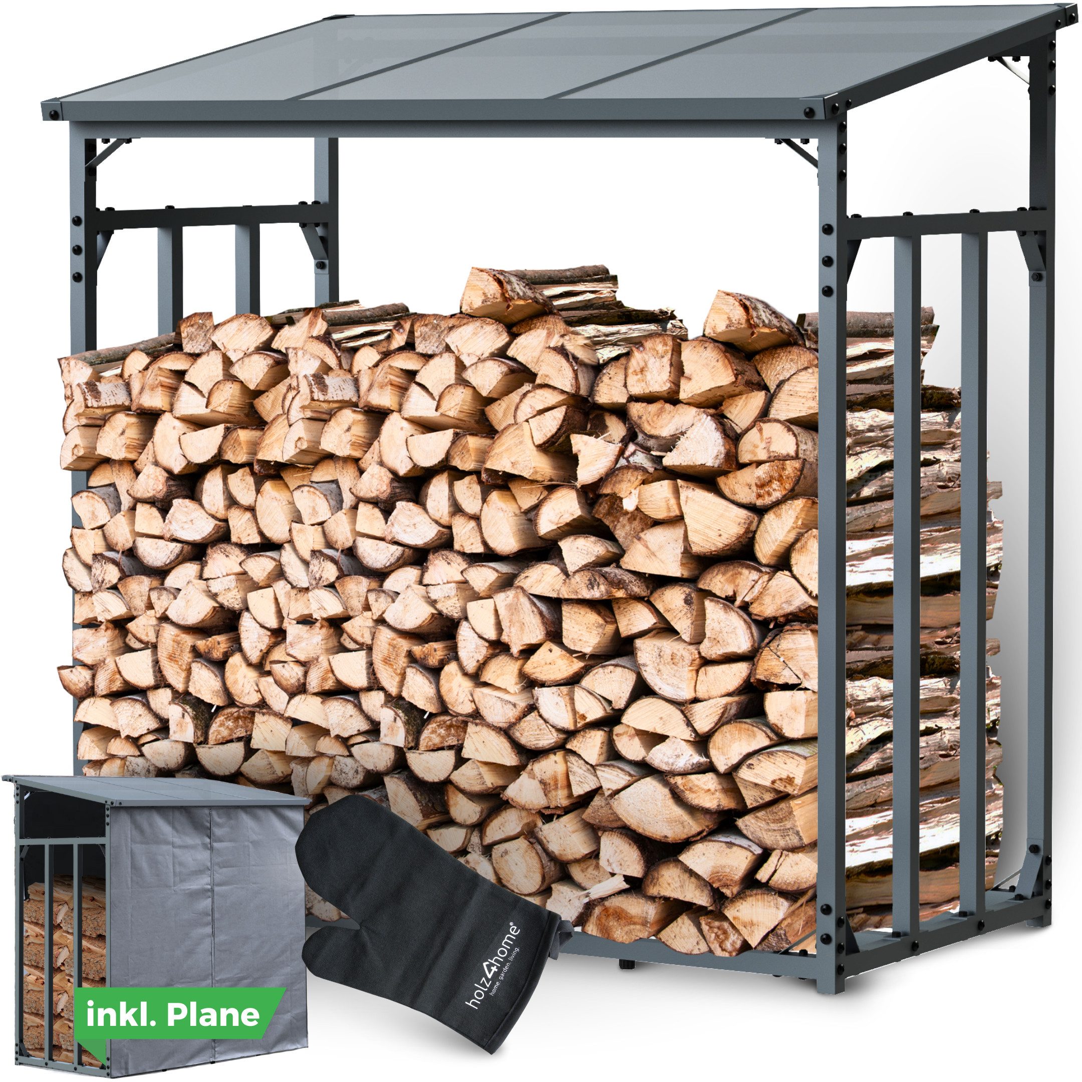 holz4home® Kaminholzregal Holzlager I Brennholzregal I Überdachung als Stapelhilfe für Brennholz, inkl. Plane und Holzhandschuh