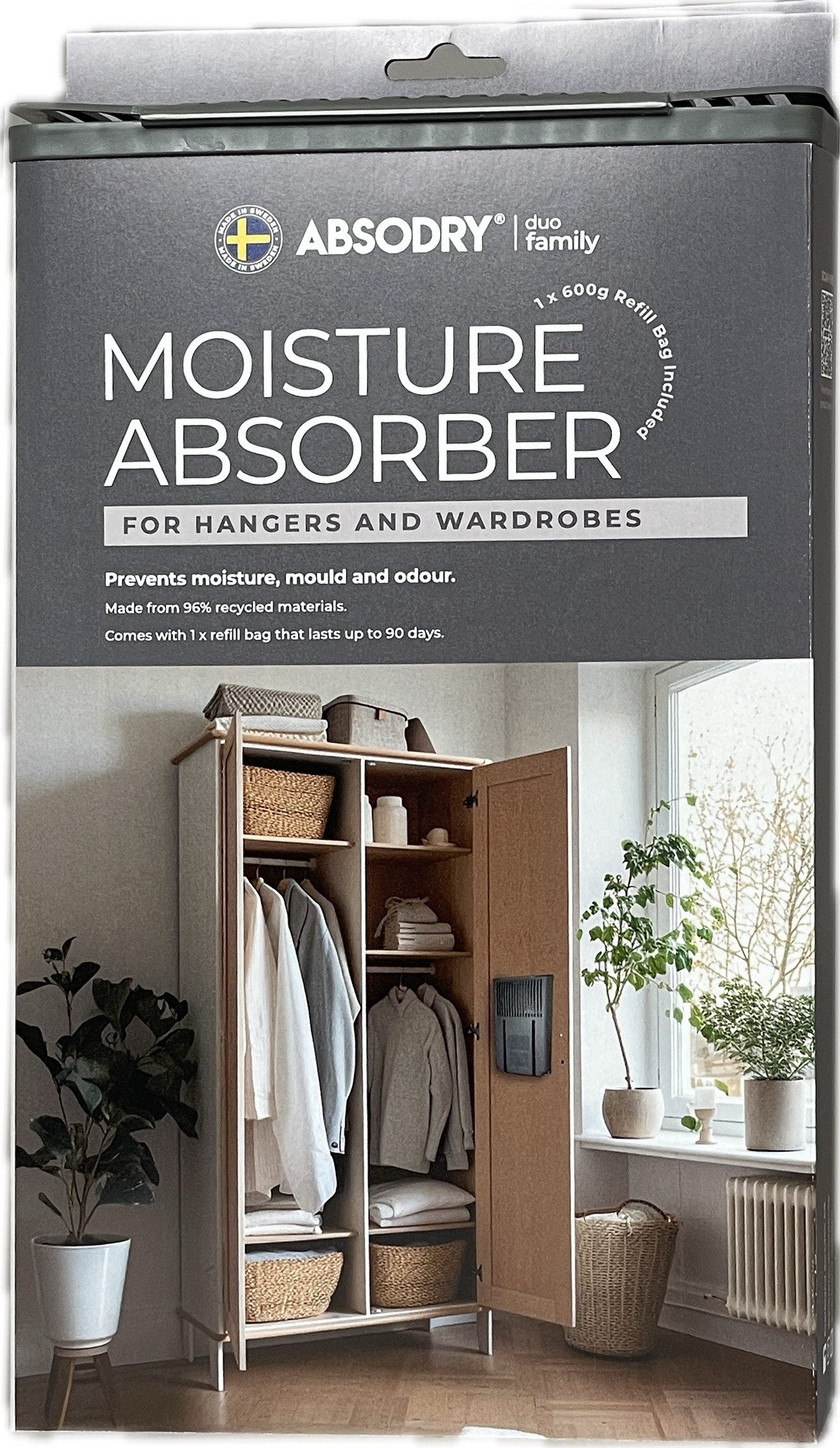 Absodry duo family Granulat-Luftentfeuchter DUO FAMILY Hanger, für Schränke, wiederbefüllbar, minimalistisch, 600 g