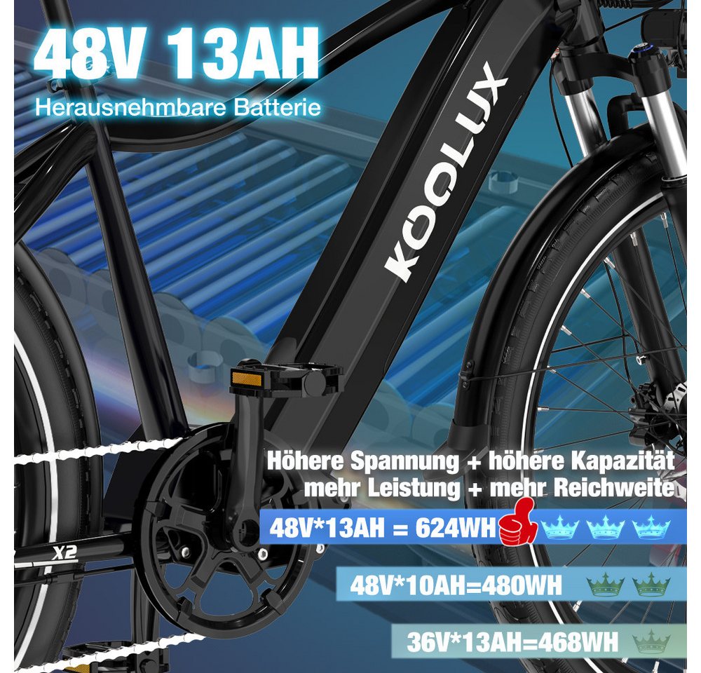 Thumbnail - KOOLUX E-Bike Cityrad X2/X3 26 Zoll ElektroFahrrad bis zu 65-80KM Mit Stoßdämpfer, 7 Gang, 250W Hinten Leistungsstarker ...