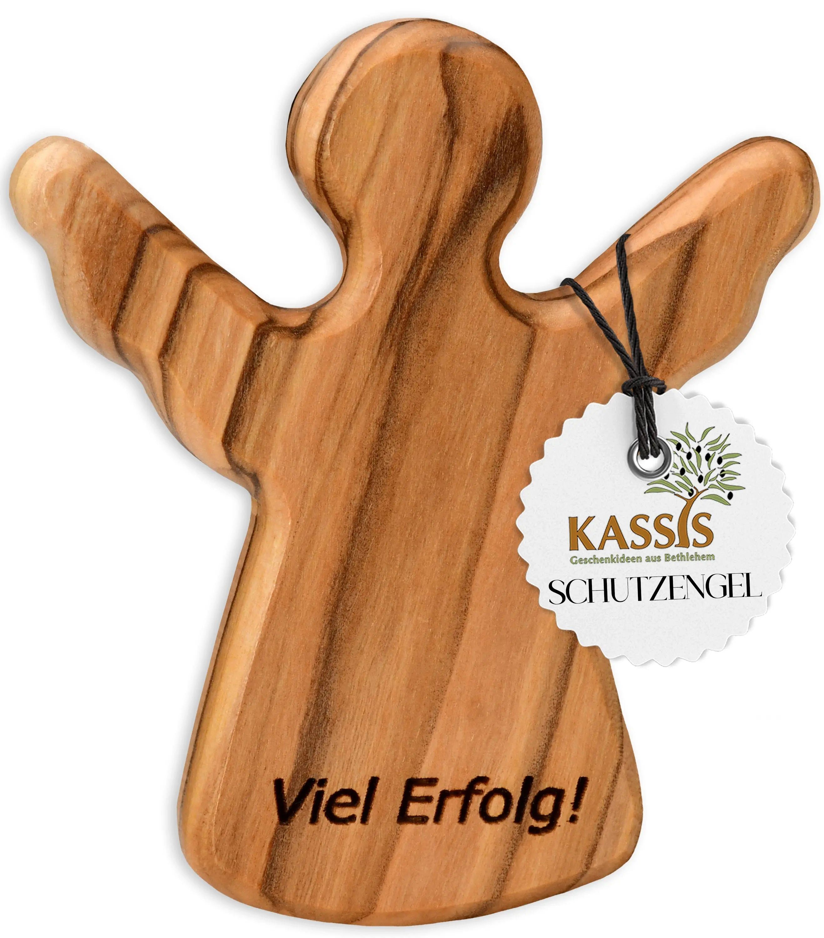 Kassis Engelfigur Schutzengel als Handschmeichler mit Spruch "Viel Erfolg", Olivenholzdeko, handgemacht, aus Bethlehem, Glücksbringer