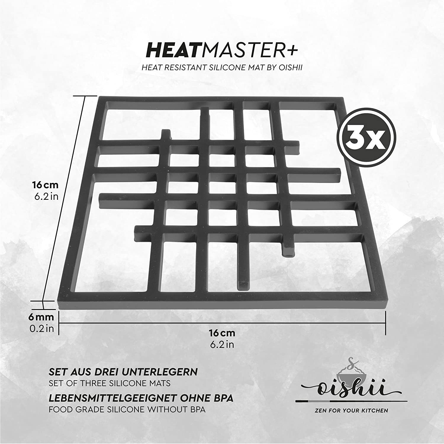 3-tlg., bis Topfuntersetzer Square, hitzebeständig schwarz OISHII viereckig, Heatmaster+ 230°, Set,